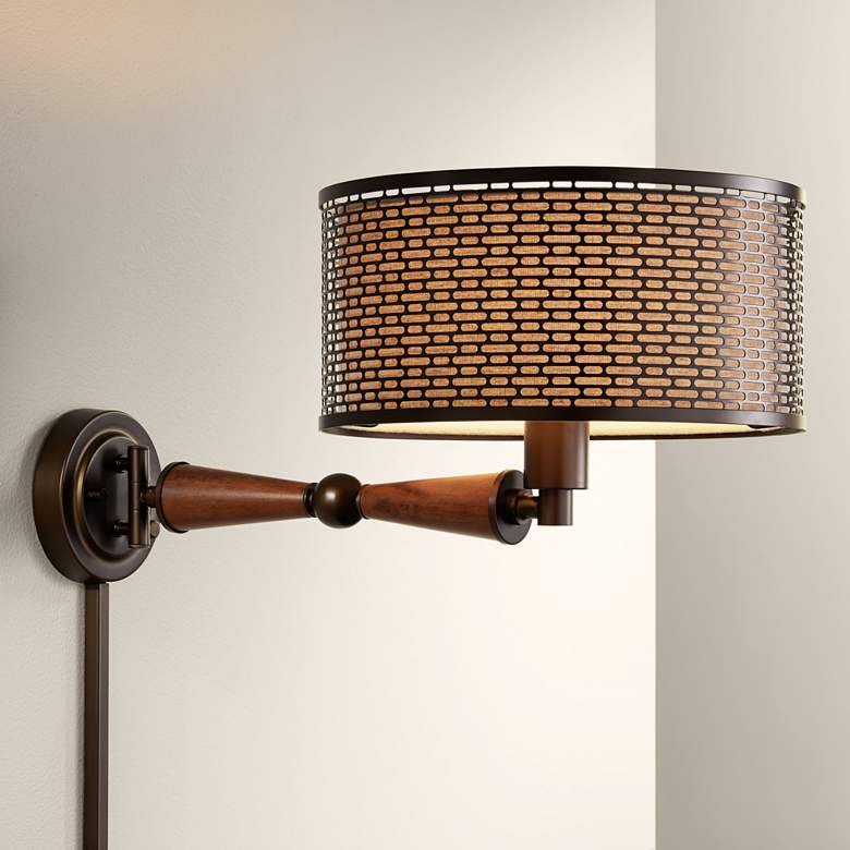 Image 1 Hunter Bronze and Walnut Plug-In Swing Arm Wall Lamp