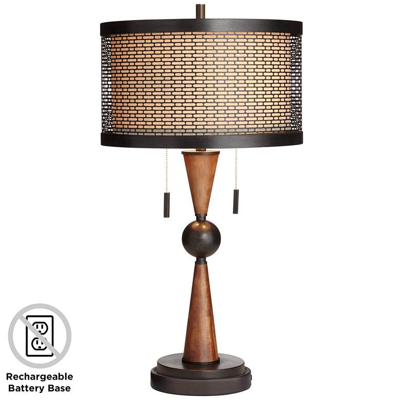 Image 1 Hunter Bronze Cherry Wood Table Lamp with Battery Pack Lamp Base