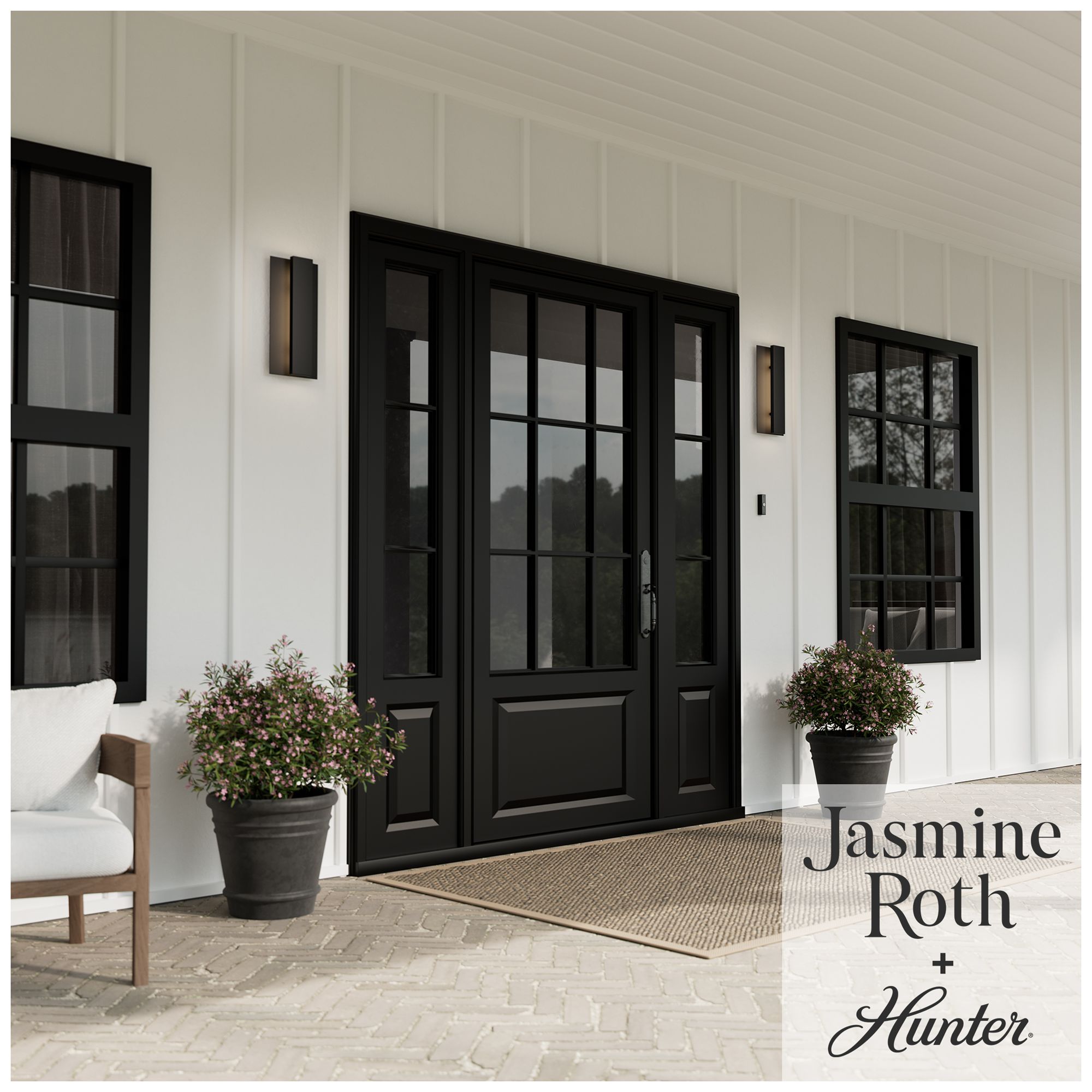 Image 2 Hunter Canoga Jasmine Roth Matte Black WeatherMax LED Medium Wall Light more views