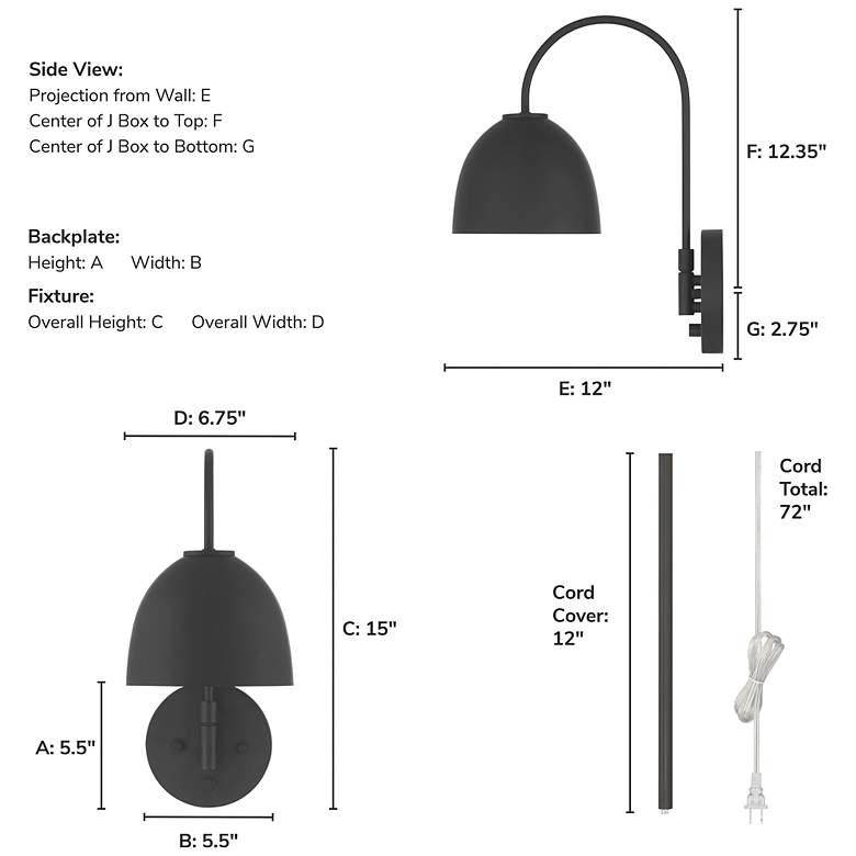 Image 5 Hunter Erling Matte Black 1 Light Large Sconce Wall Light Fixture more views