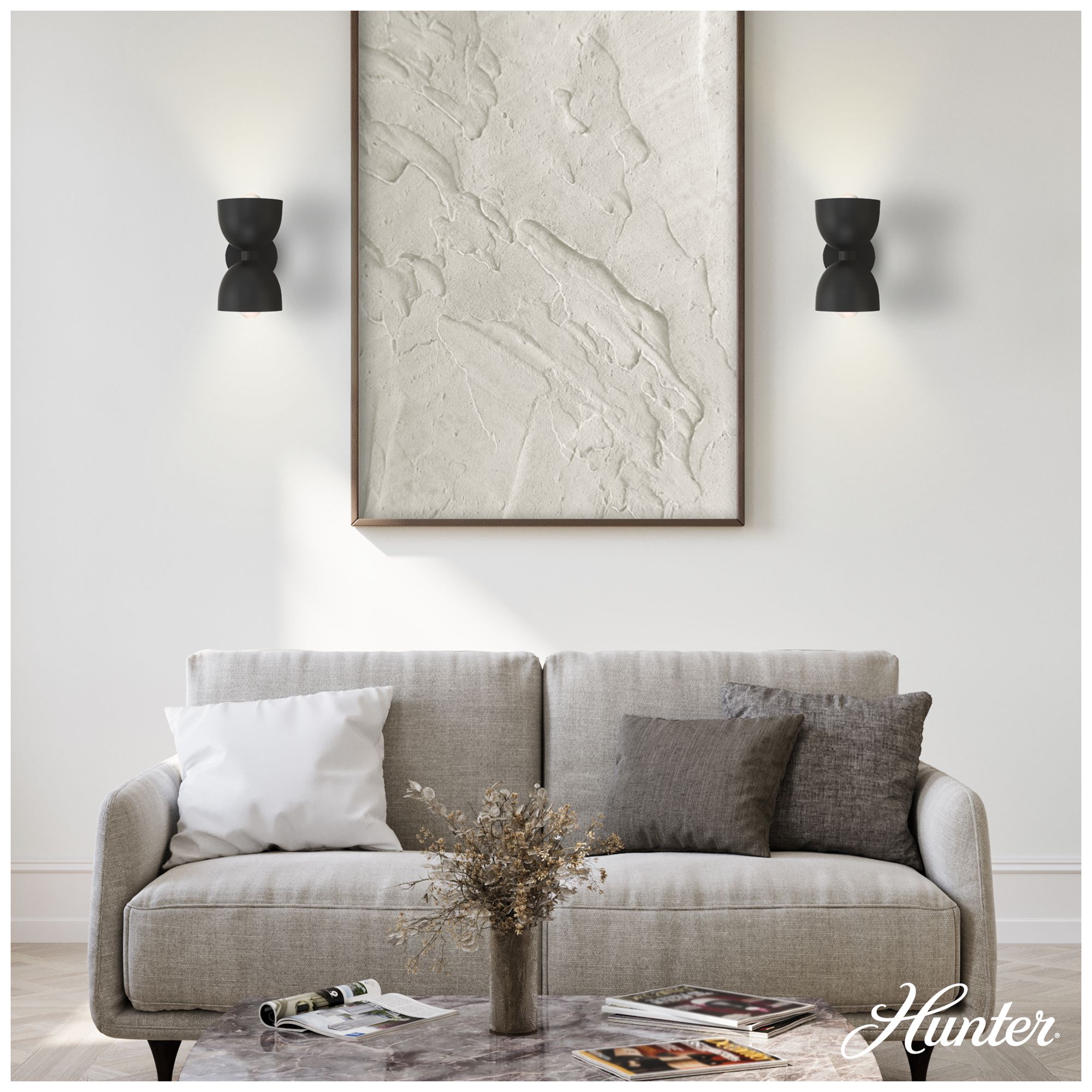 Image 3 Hunter Erling Matte Black 2 Light Medium Sconce Wall Light Fixture more views