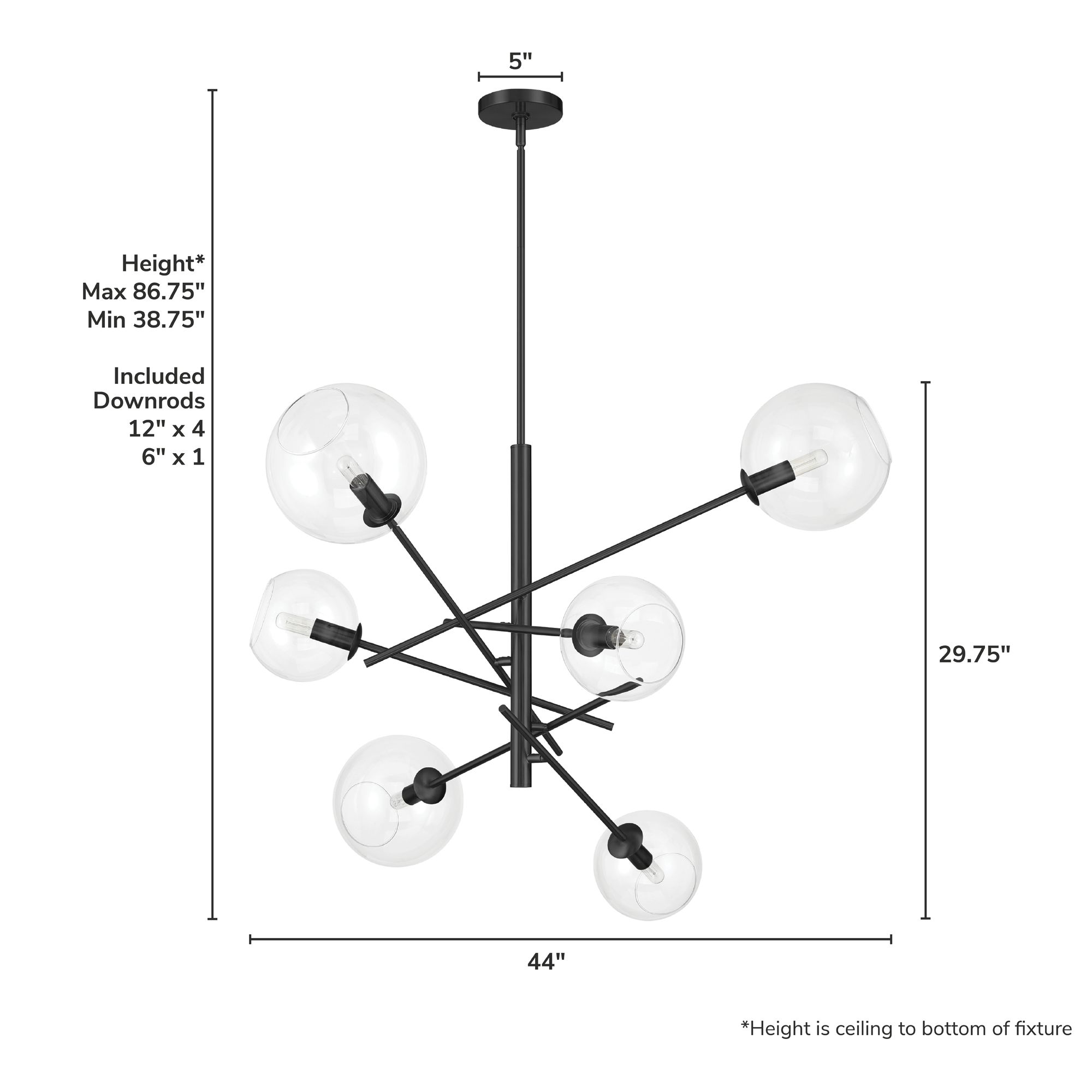 Image 4 Hunter Farling Matte Black with Clear Glass 6 Light Chandelier more views