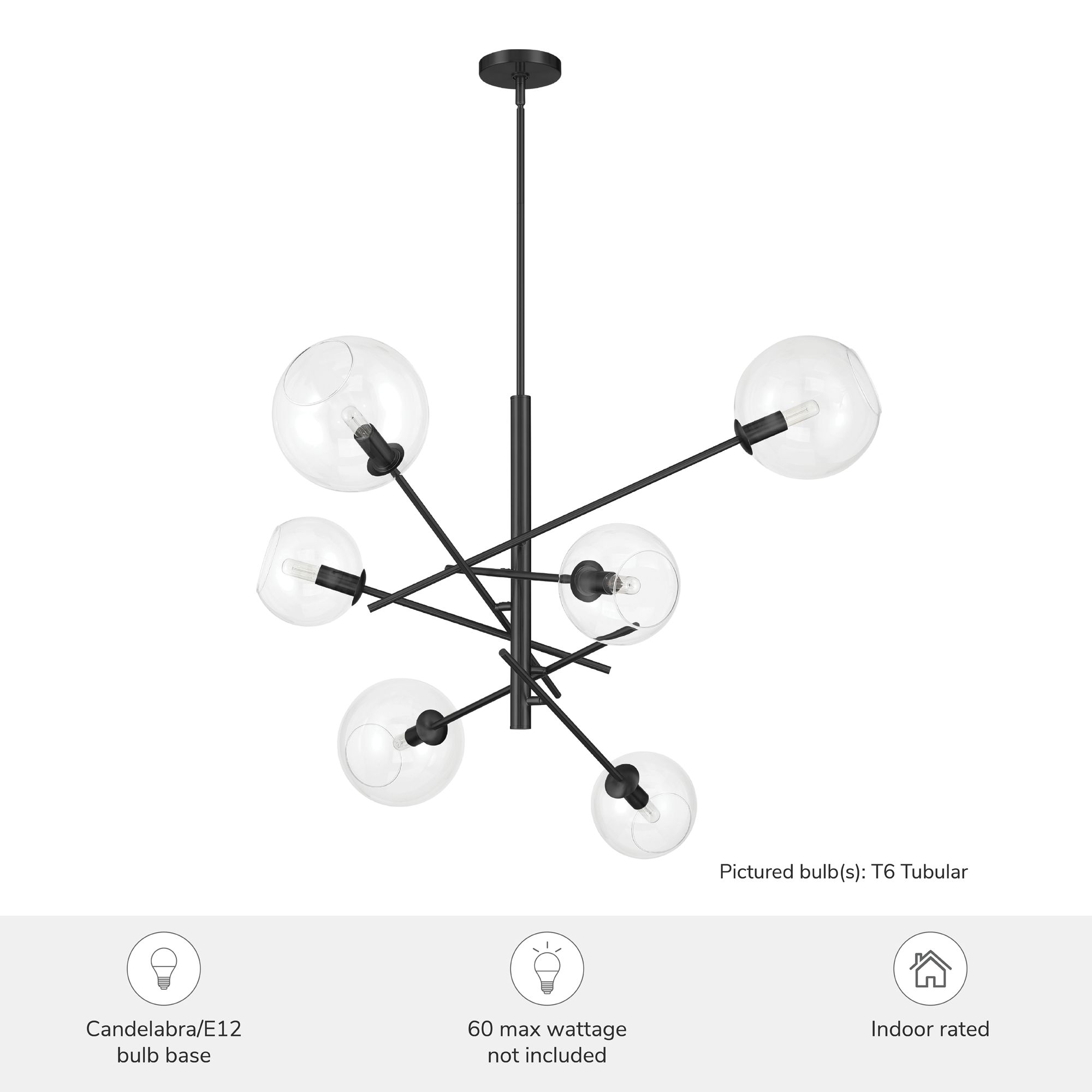 Image 5 Hunter Farling Matte Black with Clear Glass 6 Light Chandelier more views