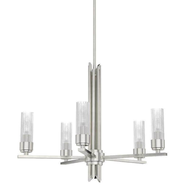 Image 1 Hunter Gatz Brushed Nickel with Ribbed Glass 5 Light Chandelier