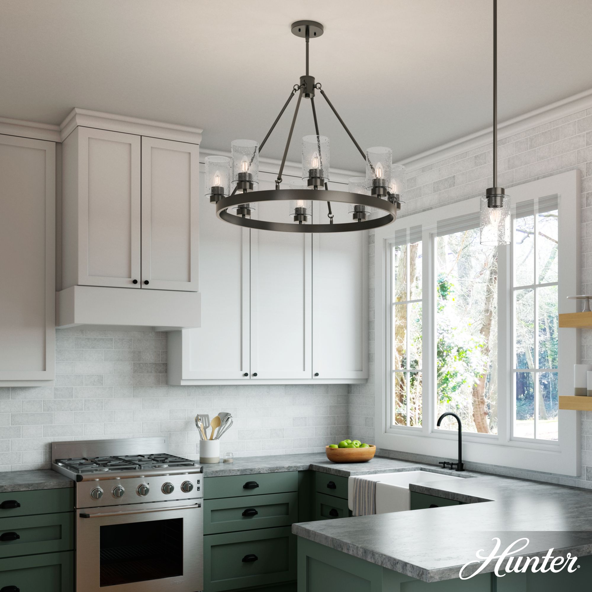 Image 3 Hunter Hartland Noble Bronze with Seeded Glass 8 Light Chandelier more views