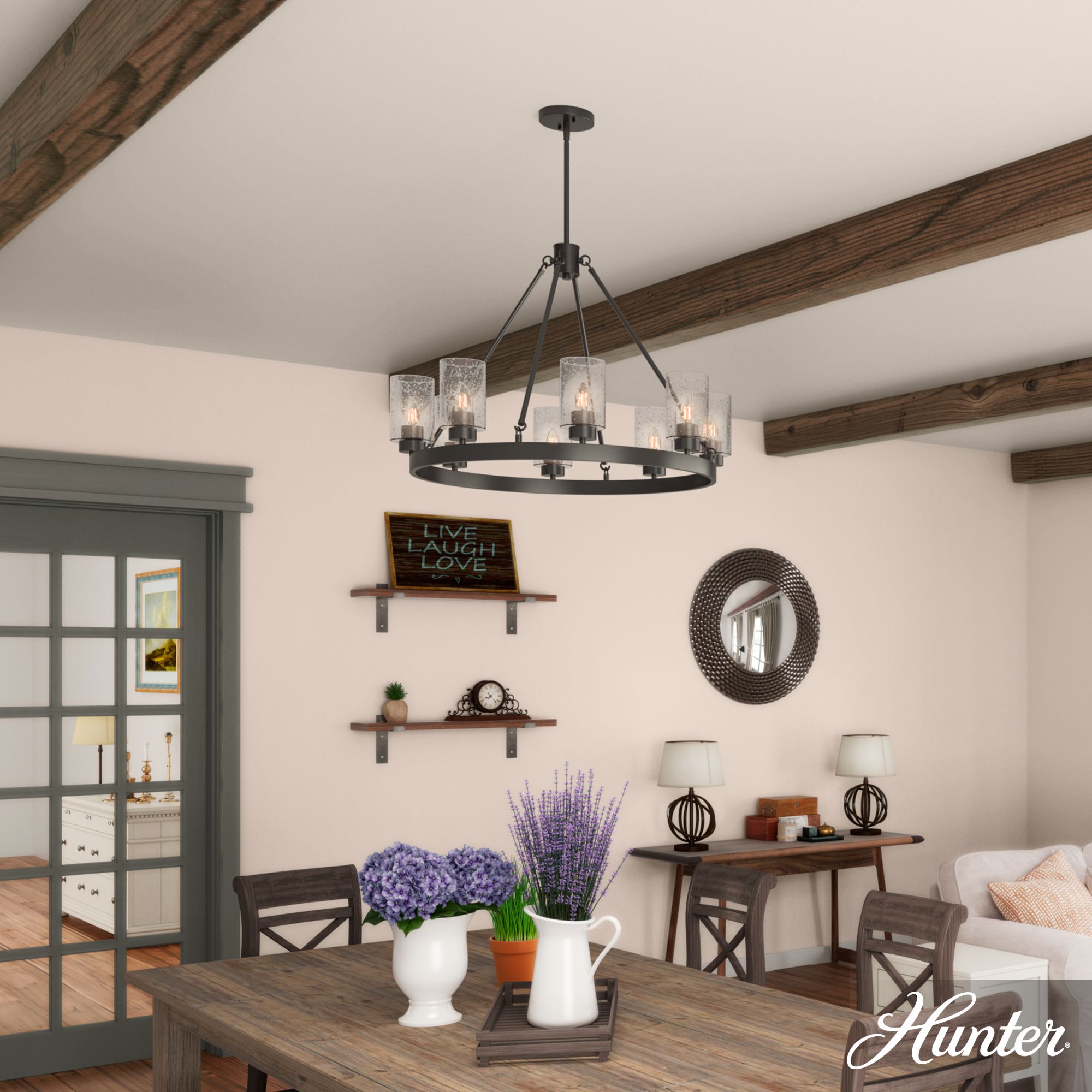 Image 4 Hunter Hartland Noble Bronze with Seeded Glass 8 Light Chandelier more views