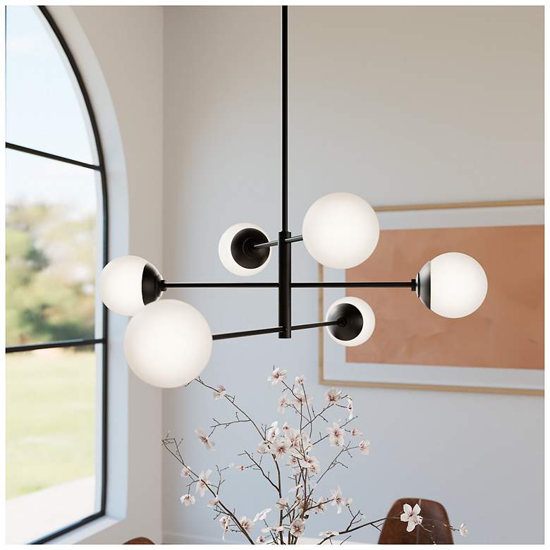 Image 1 Hunter Hepburn Matte Black with Cased White Glass 6 Light Chandelier