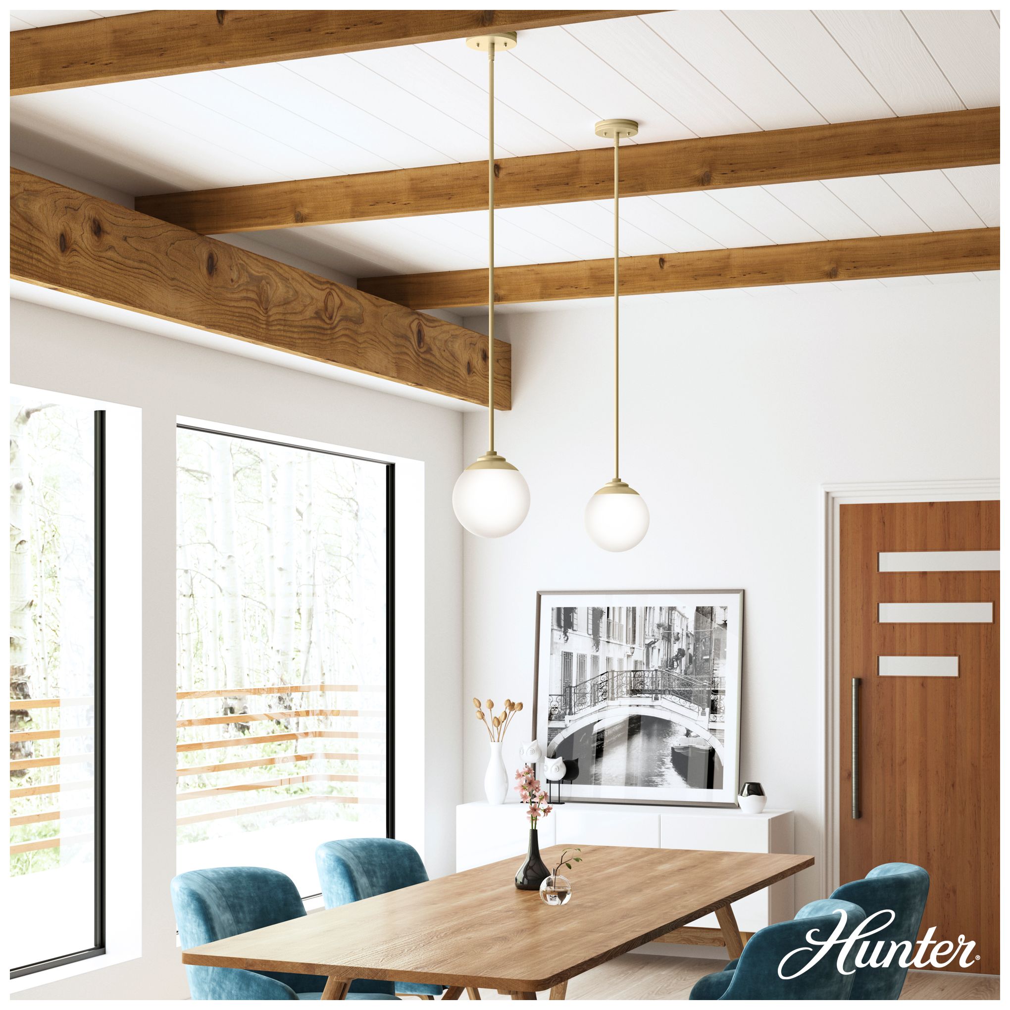 Image 6 Hunter Hepburn Painted Modern Brass with Cased White Glass 1 Light Pendant more views