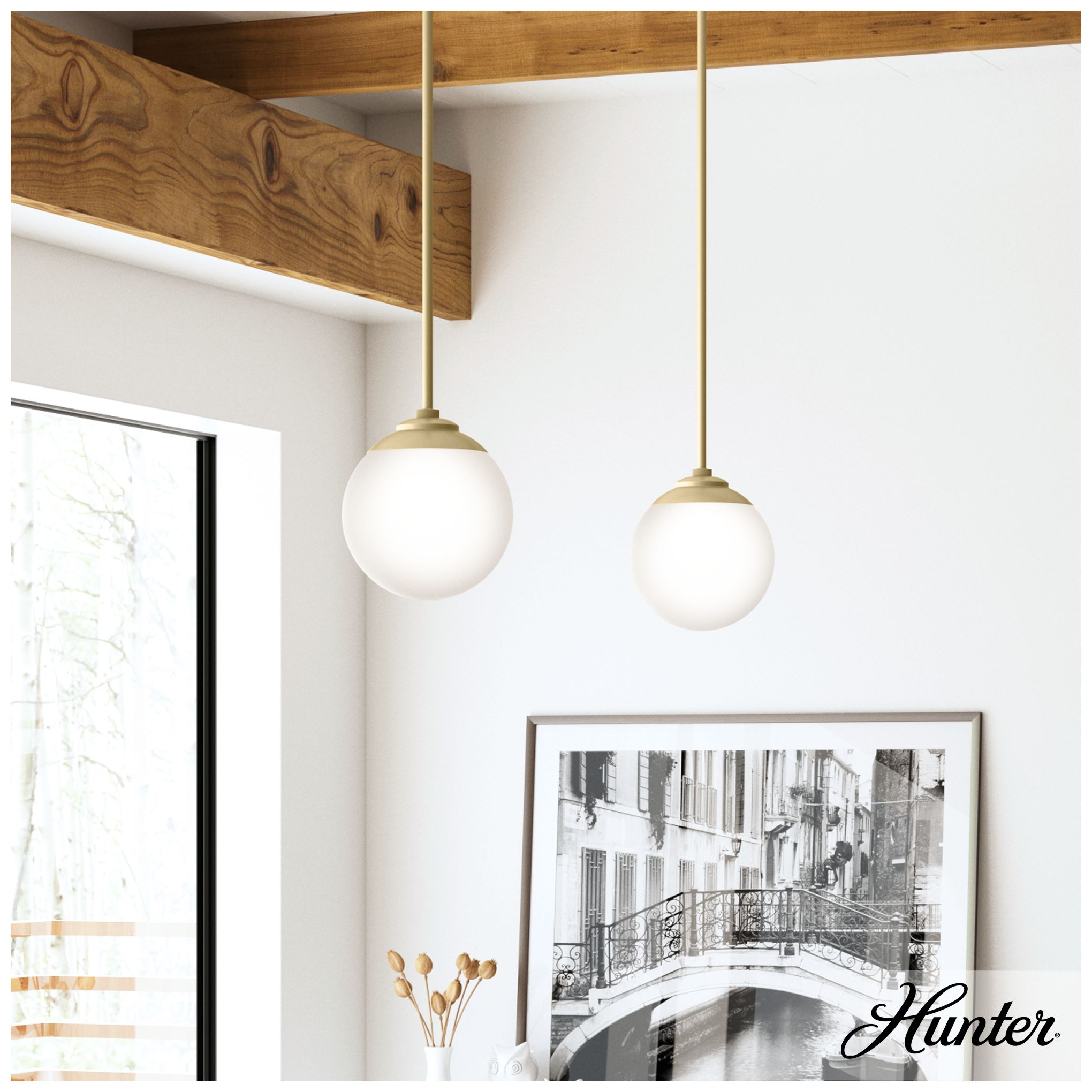 Hunter Hepburn Painted Modern Brass with Cased White Glass 1 Light Pendant