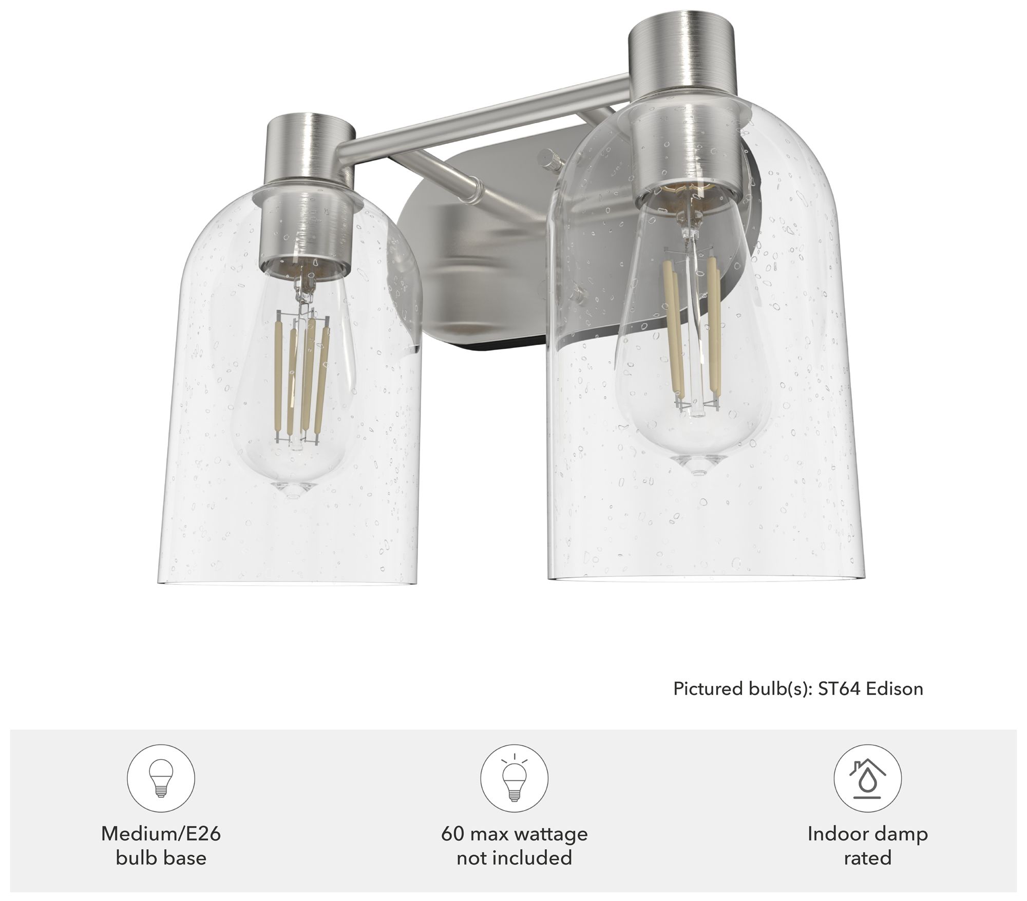 Image 3 Hunter Lochemeade Brushed Nickel Seeded Glass 2 Light Vanity Light Fixture more views