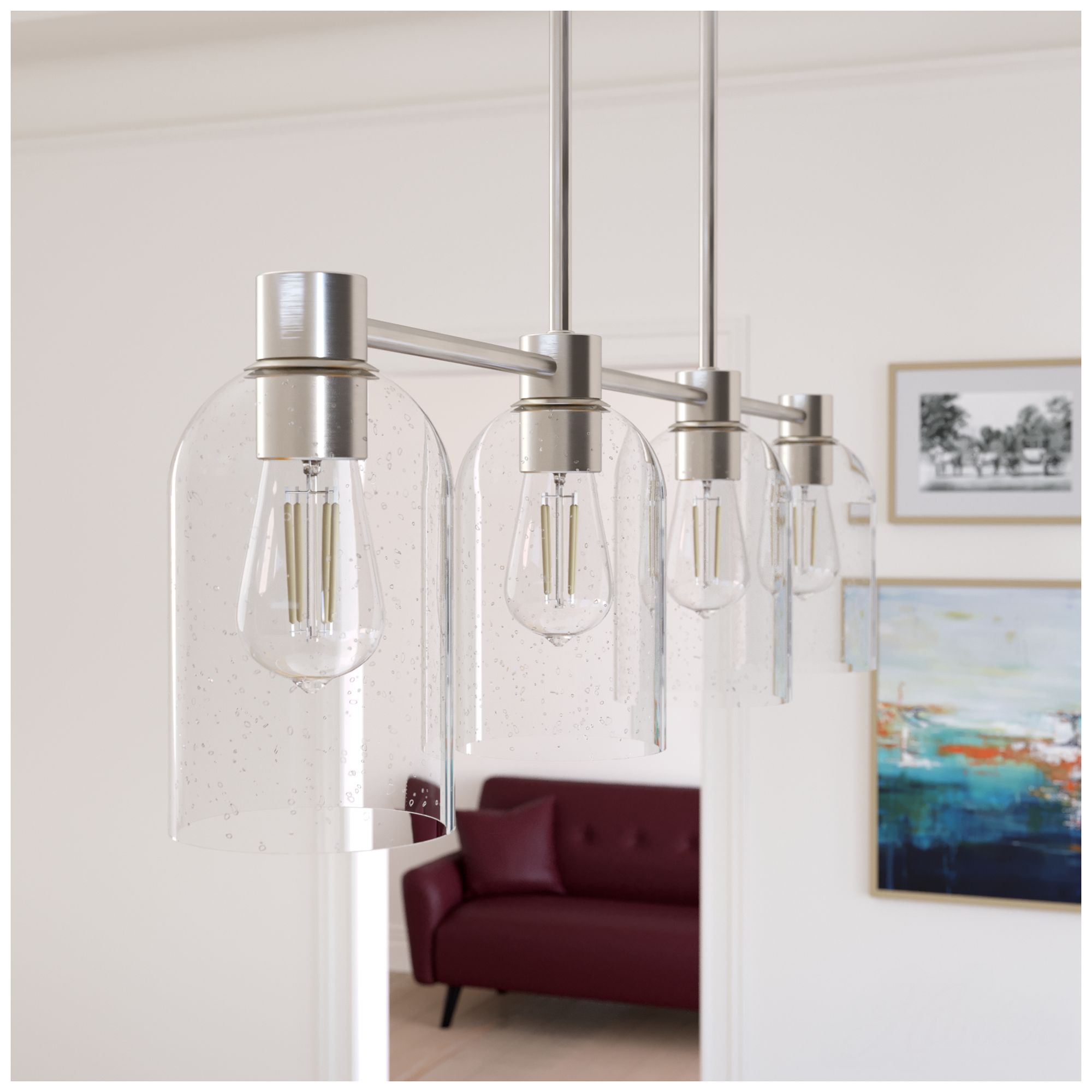 Image 6 Hunter Lochemeade Brushed Nickel with Clear Seeded Glass 4 Light Chandelier more views
