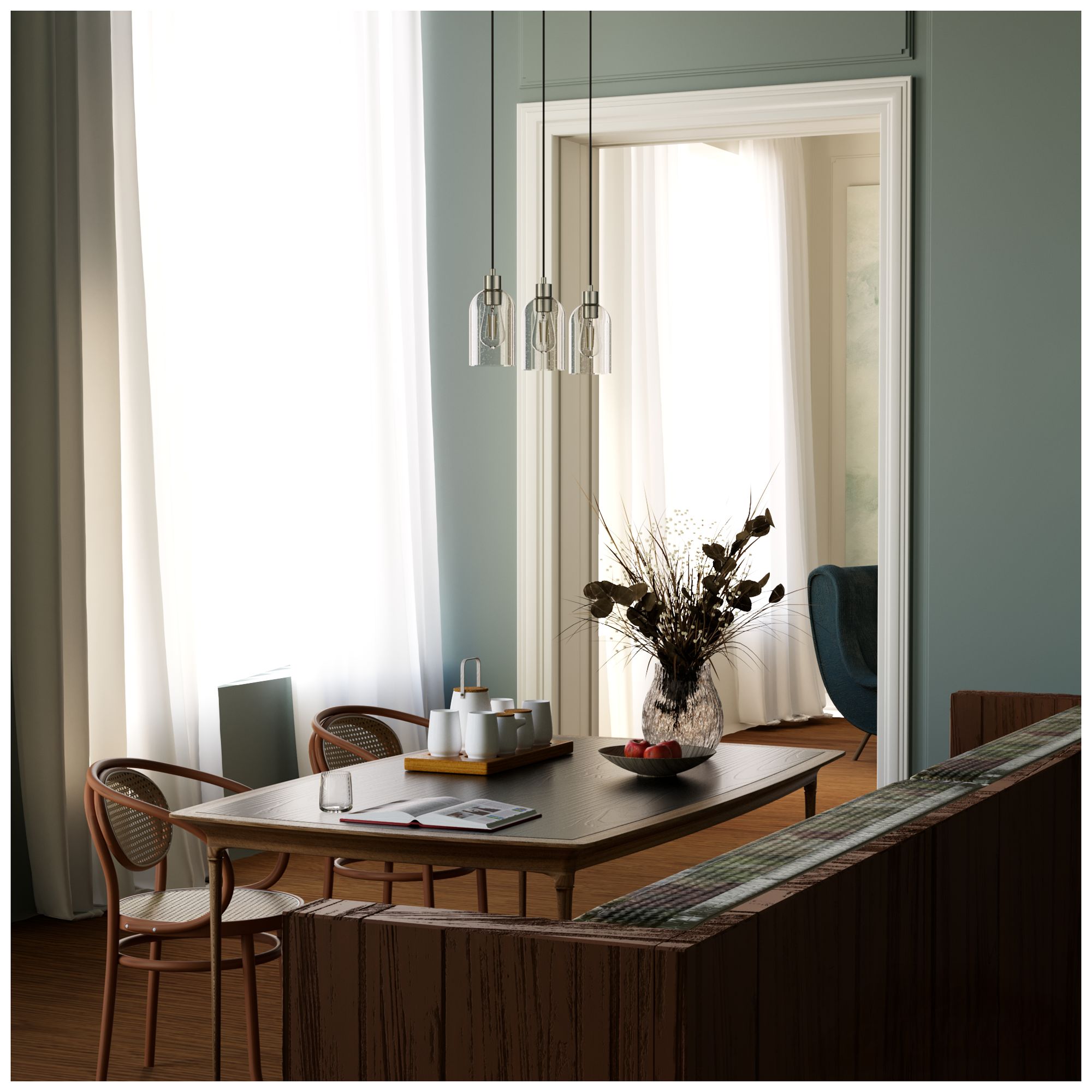 Image 4 Hunter Lochemeade Brushed Nickel with Seeded Glass 3 Light Pendant Cluster more views