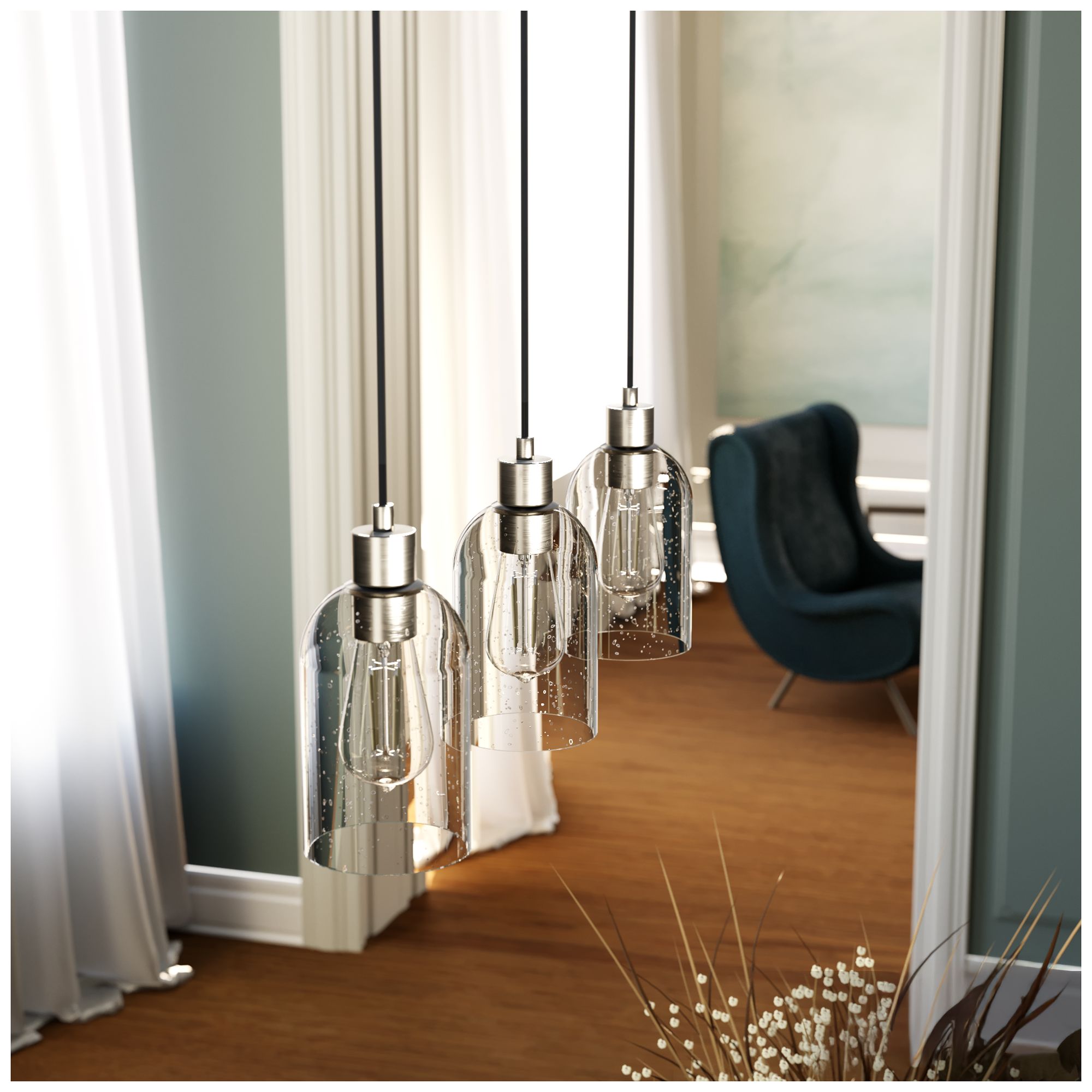 Image 5 Hunter Lochemeade Brushed Nickel with Seeded Glass 3 Light Pendant Cluster more views