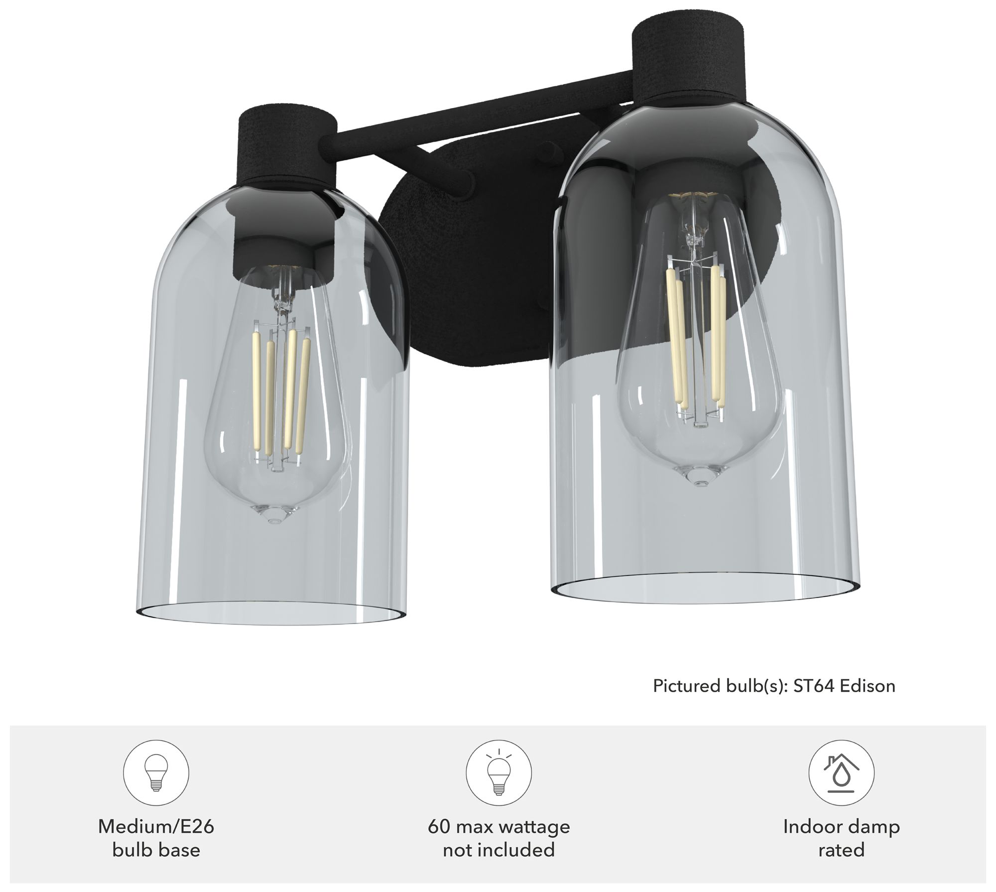 Image 3 Hunter Lochemeade Natural Black Iron with Smoked Glass 2 Light Vanity more views