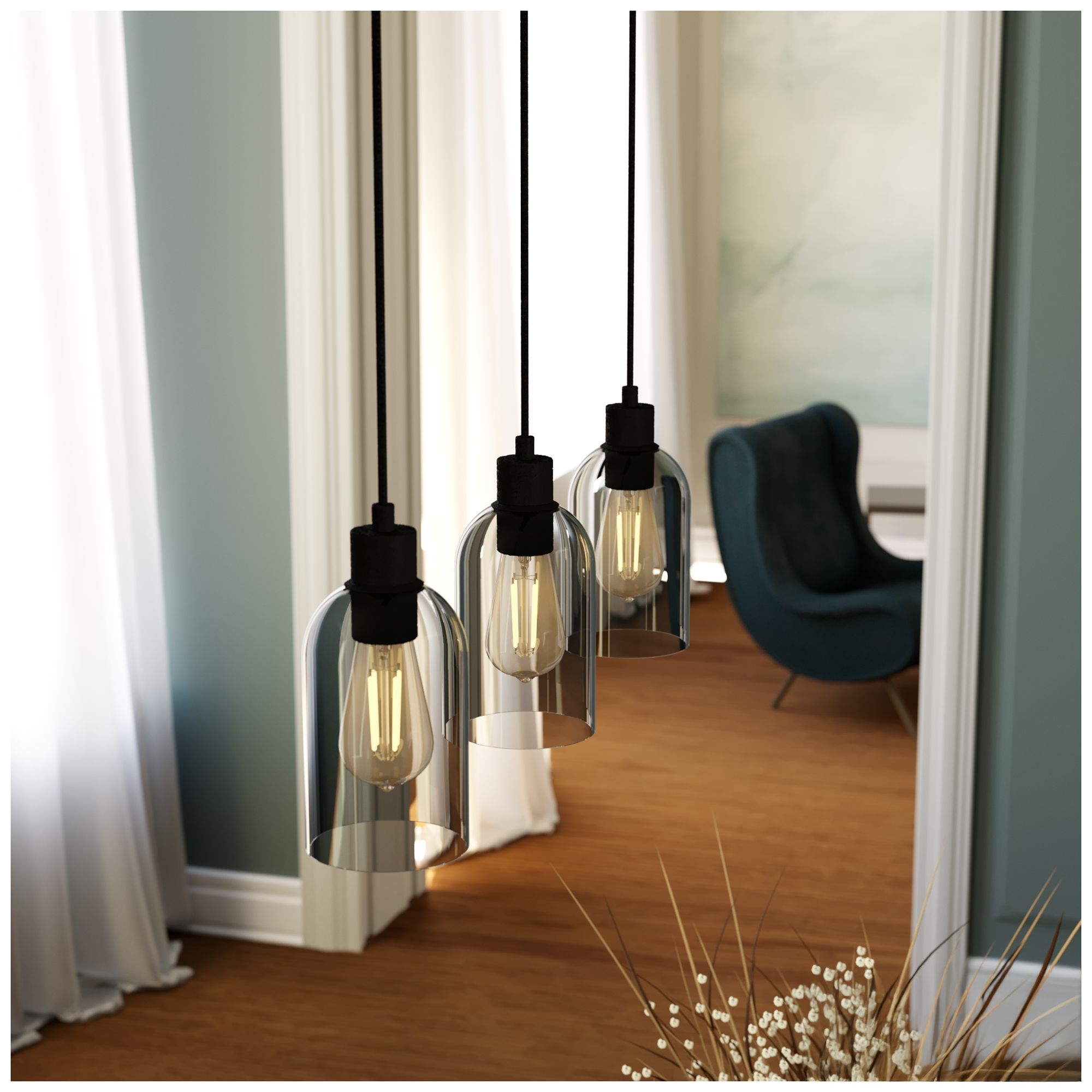 Image 6 Hunter Lochemeade Natural Black Iron with Smoked Glass 3 Light Pendant more views