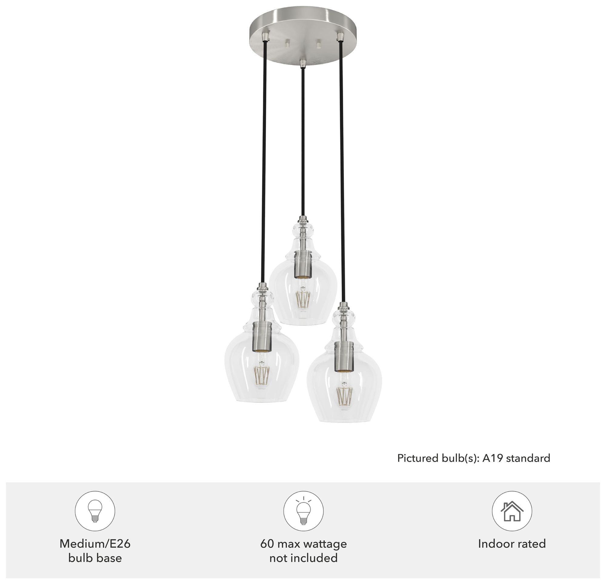Image 3 Hunter Maple Park Brushed Nickel with Clear Glass 3 Light Pendant more views