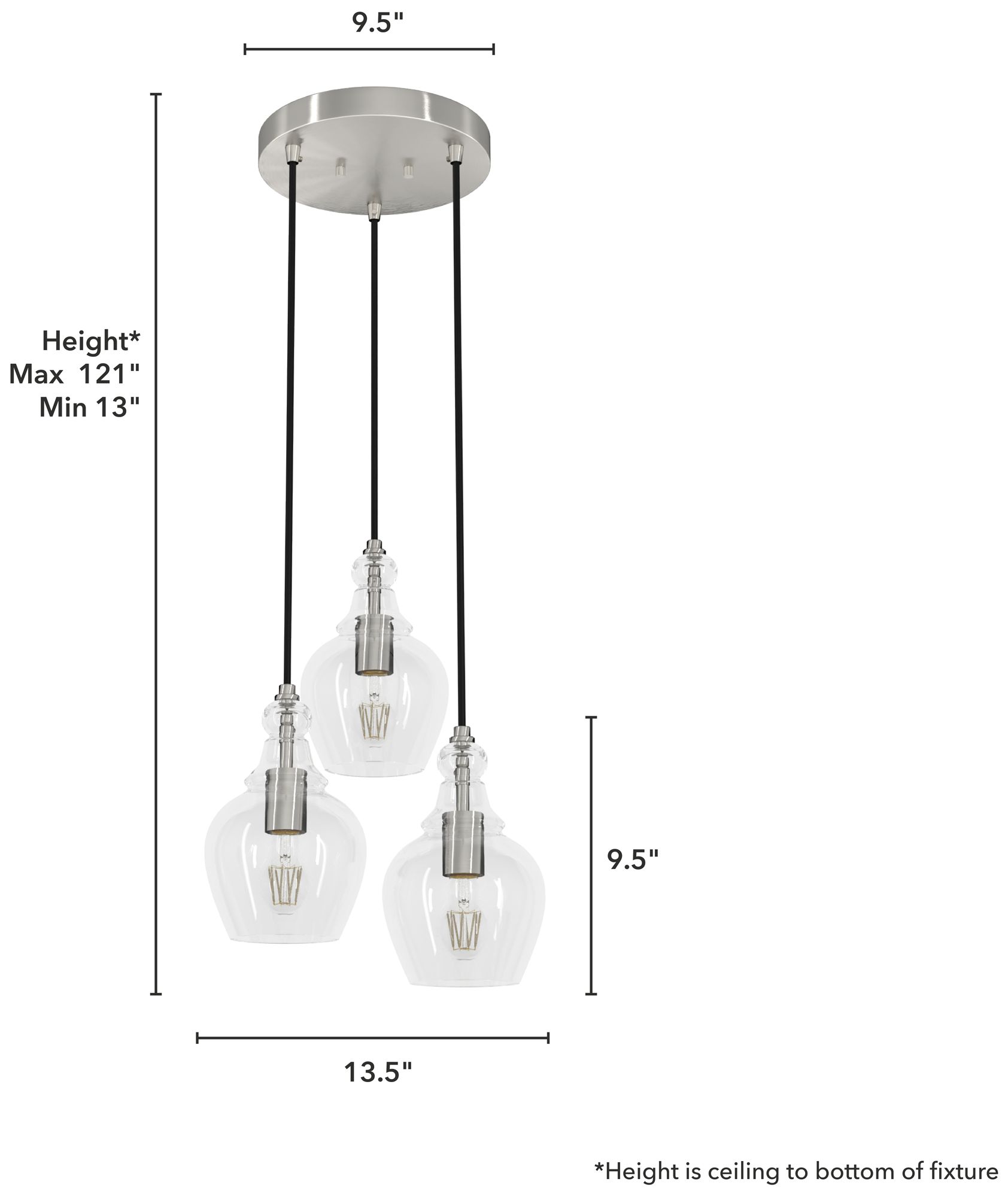 Image 5 Hunter Maple Park Brushed Nickel with Clear Glass 3 Light Pendant more views