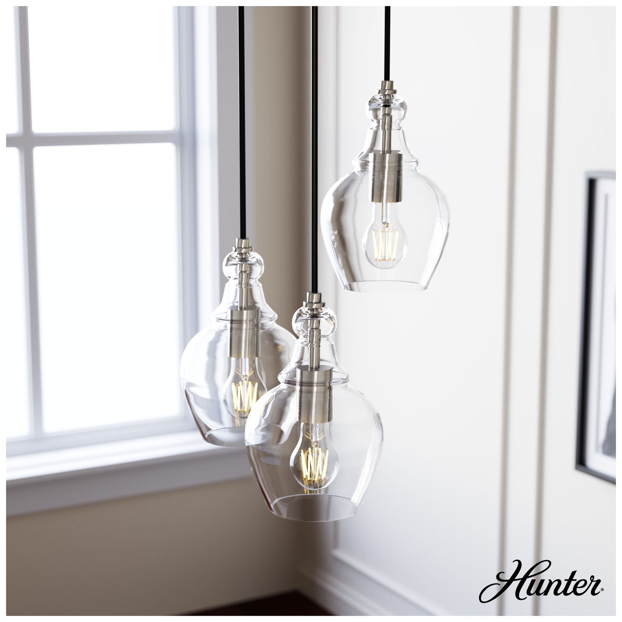 Image 6 Hunter Maple Park Brushed Nickel with Clear Glass 3 Light Pendant more views