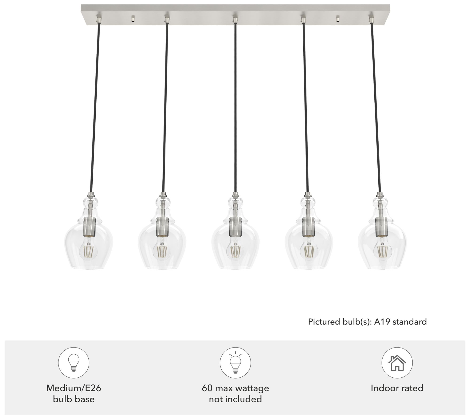 Image 3 Hunter Maple Park Brushed Nickel with Clear Glass 5 Light Pendant more views