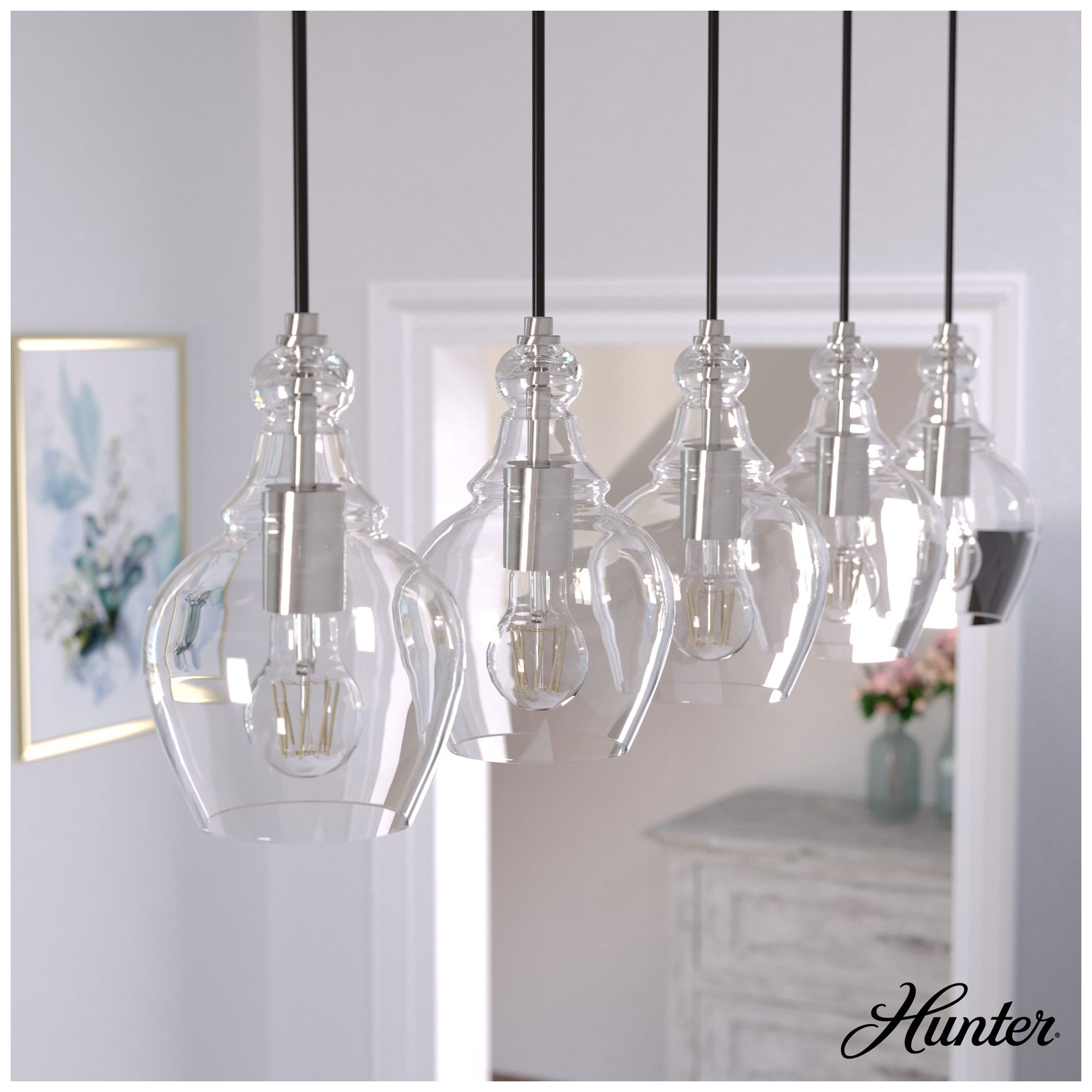 Hunter Maple Park Brushed Nickel with Clear Glass 5 Light Pendant