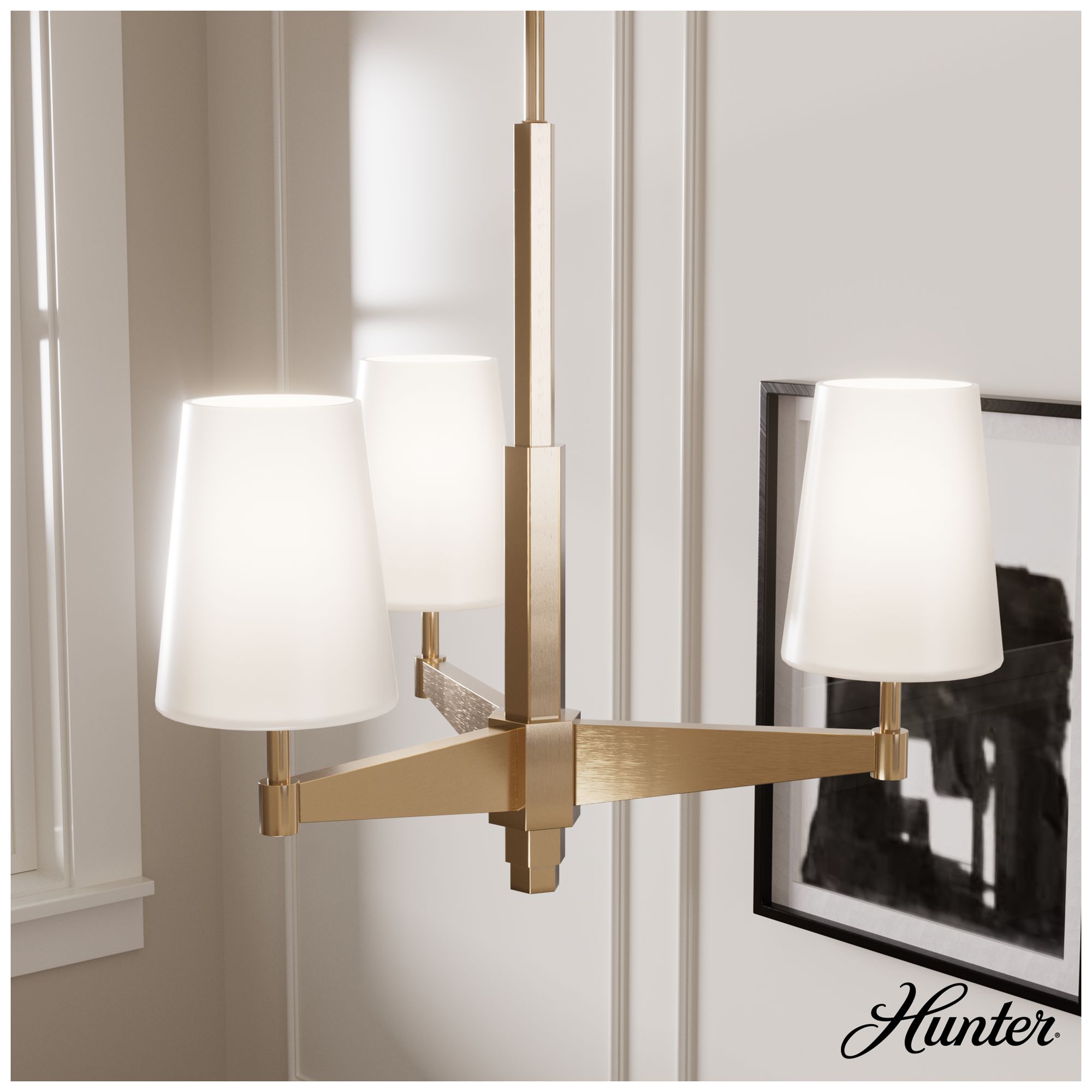 Image 4 Hunter Nolita Alturas Gold with Cased White Glass 3 Light Chandelier more views