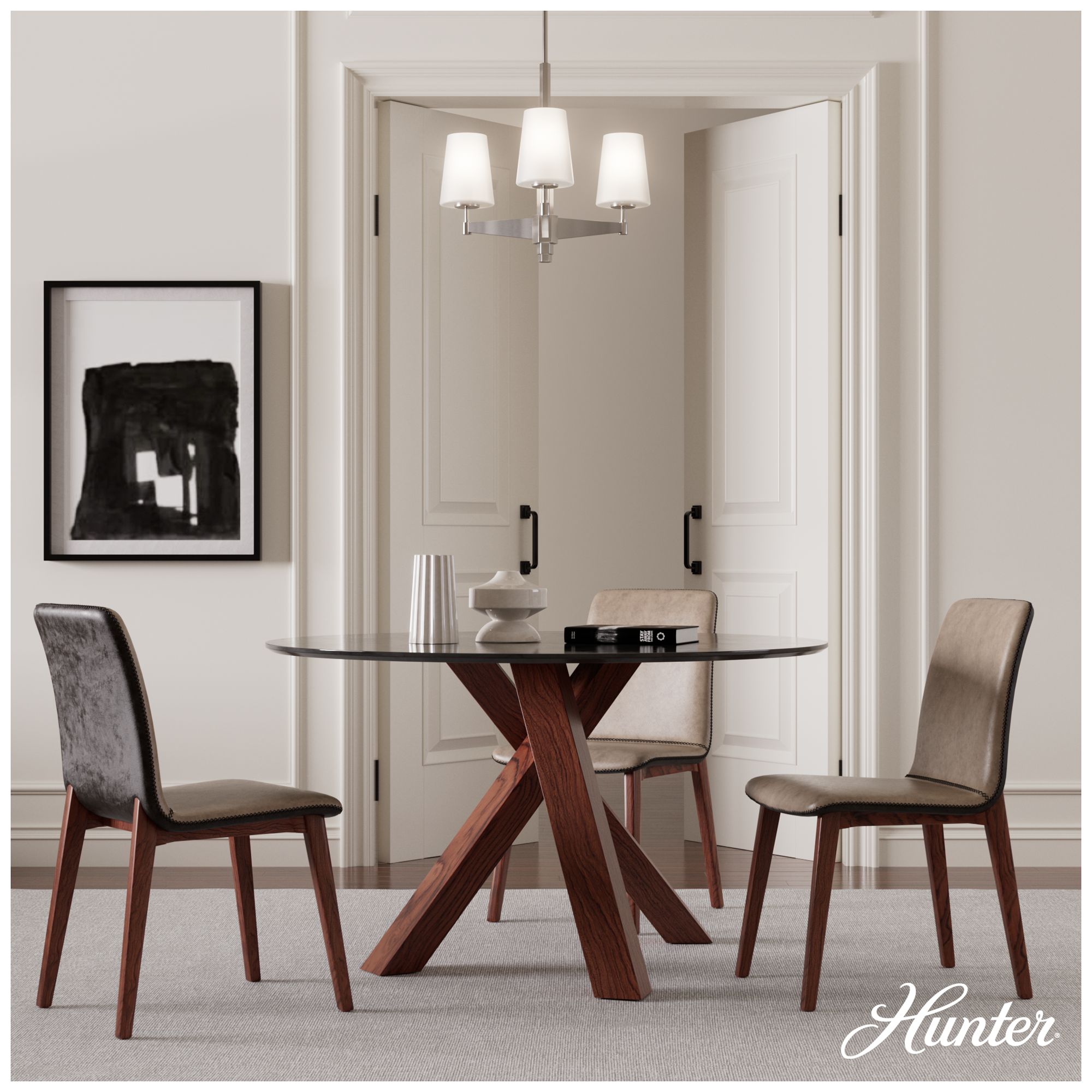 Image 3 Hunter Nolita Brushed Nickel with Cased White Glass 3 Light Chandelier more views