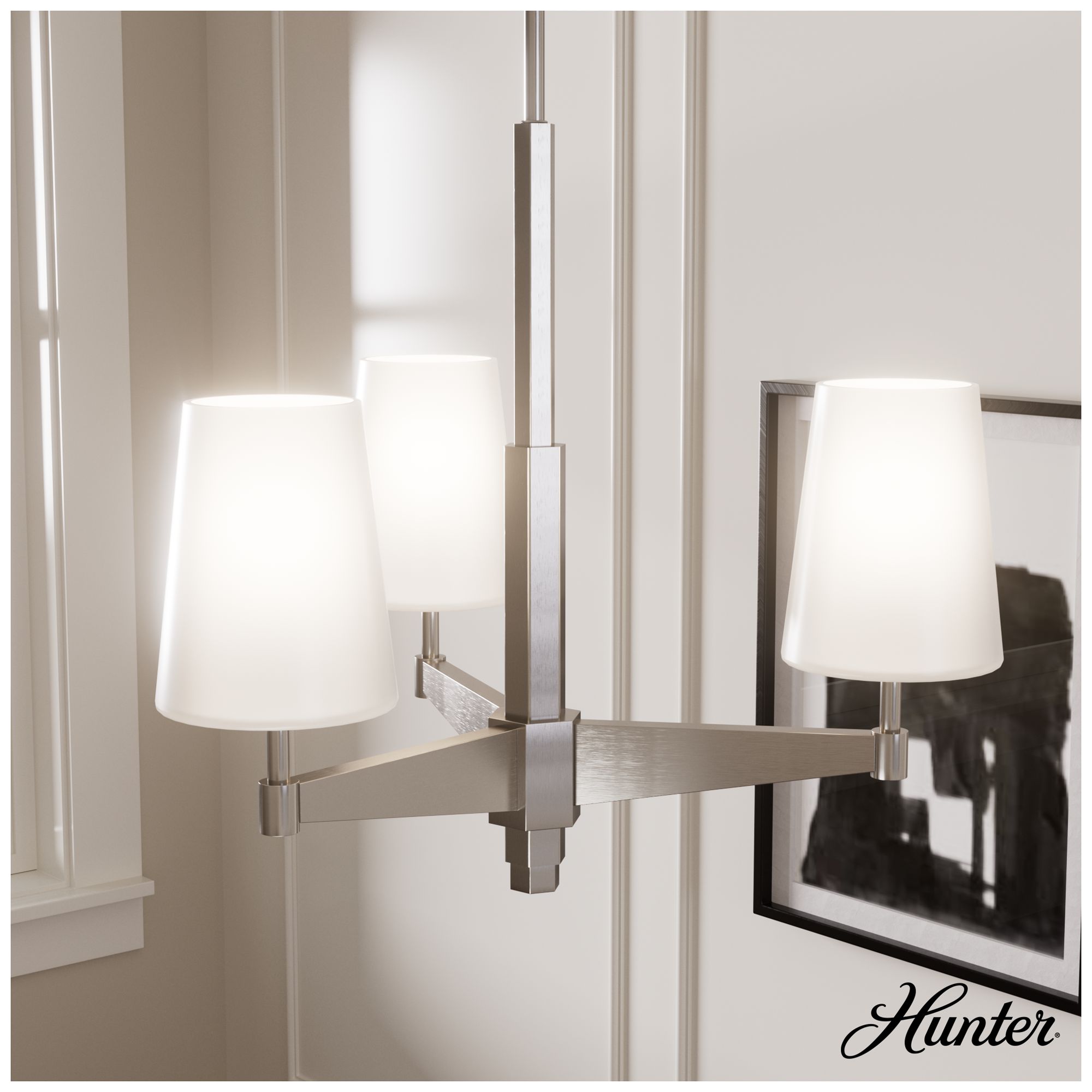 Image 4 Hunter Nolita Brushed Nickel with Cased White Glass 3 Light Chandelier more views