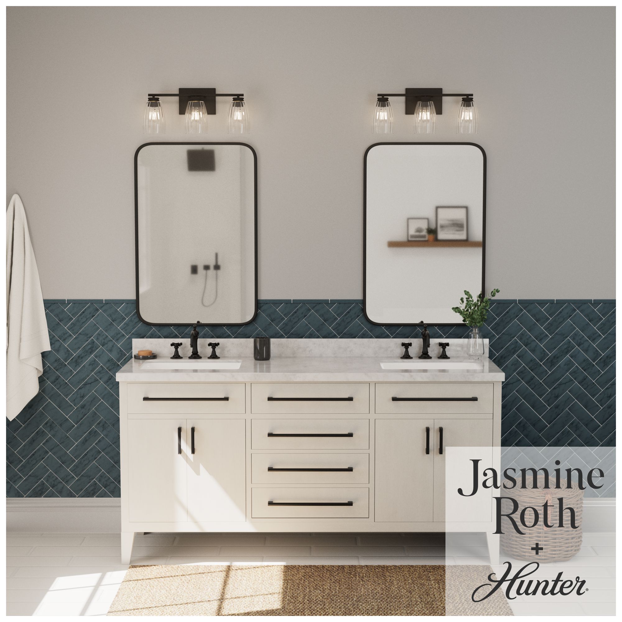 Image 3 Hunter Rossmoor Matte Black with Clear Fluted Glass 3 Light Bathroom Vanity more views