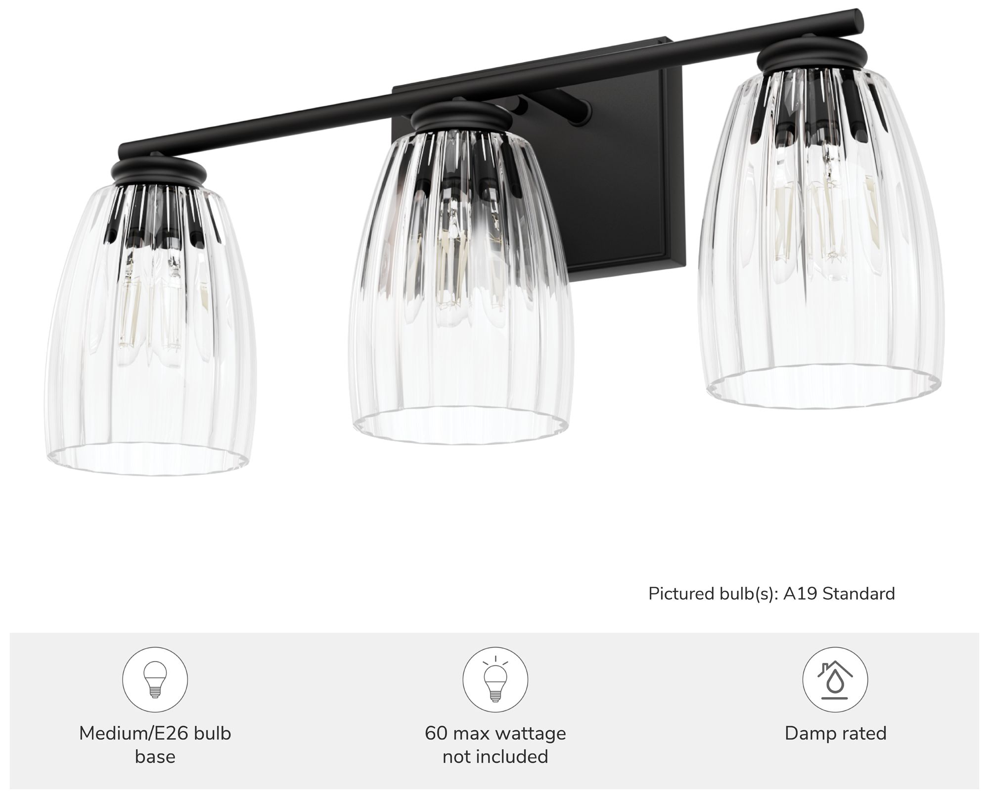 Image 5 Hunter Rossmoor Matte Black with Clear Fluted Glass 3 Light Bathroom Vanity more views