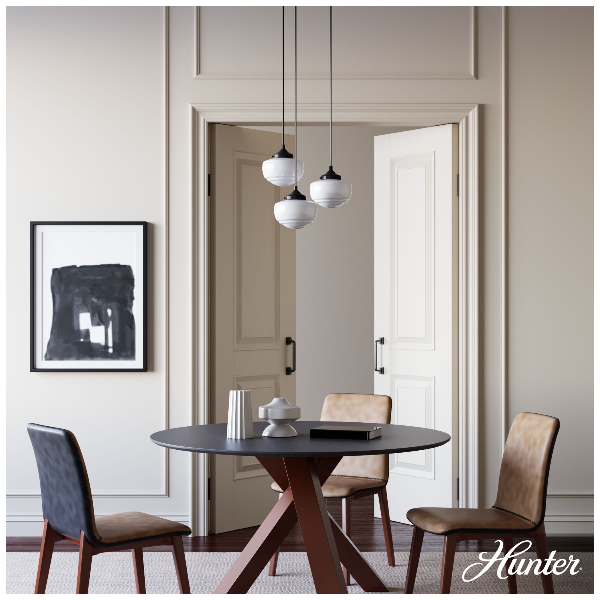 Image 3 Hunter Saddle Creek Noble Bronze with Cased White Glass 3 Light Pendant more views