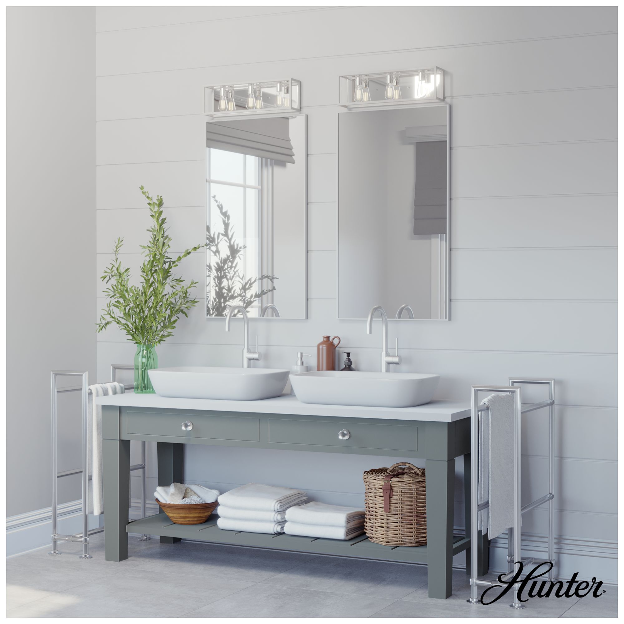 Image 4 Hunter Squire Manor Distressed White and Chrome 3 Light Bathroom Vanity more views
