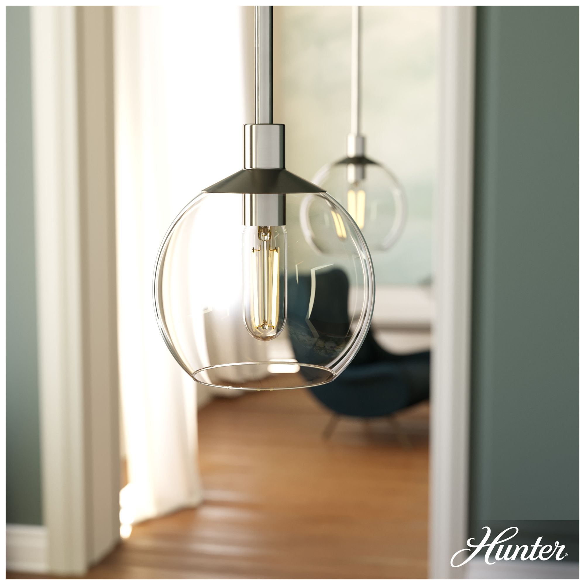 Image 6 Hunter Xidane Brushed Nickel with Clear Glass 1 Light Pendant more views