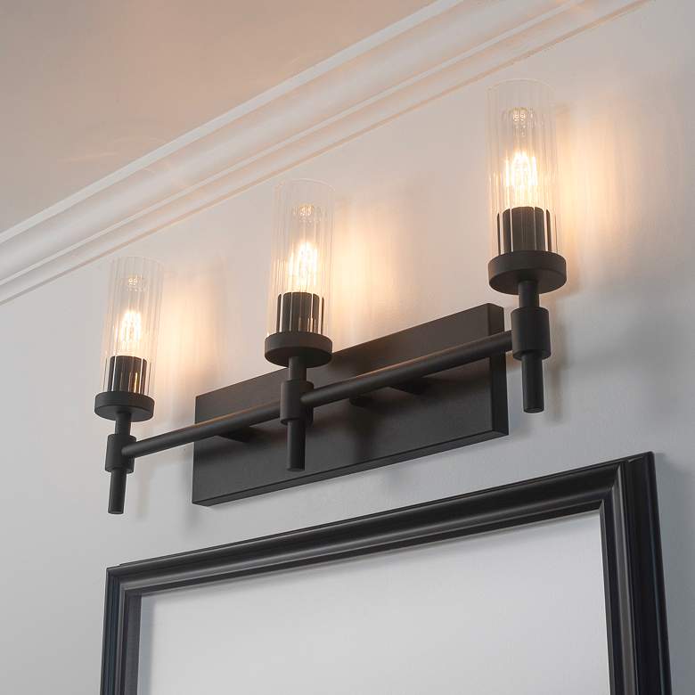 Image 1 Huntington 24" Wide Black Vanity With Clear Ribbed Glass Shade