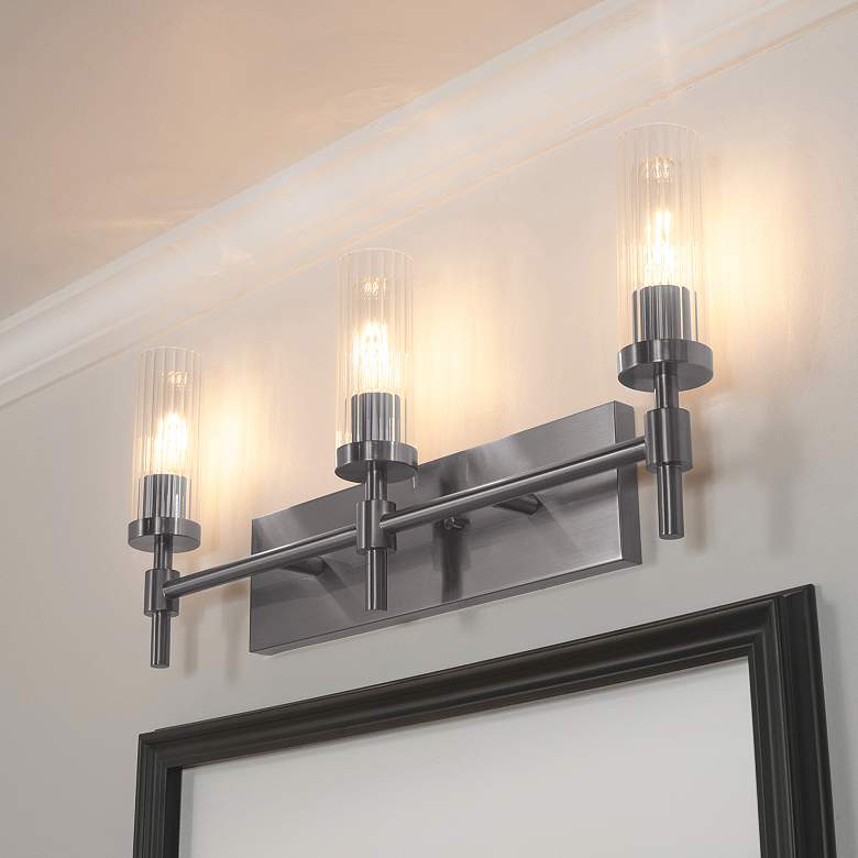 Image 1 Huntington 24" Wide Satin Nickel Vanity With Clear Ribbed Glass Shade
