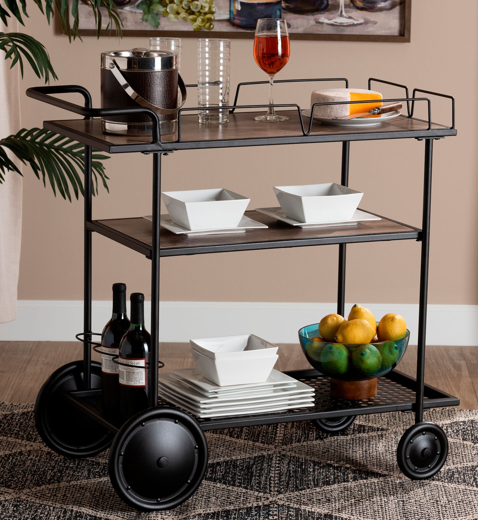 Huntley 18" Wide Walnut Brown Black Metal Mobile Wine Cart 237E5