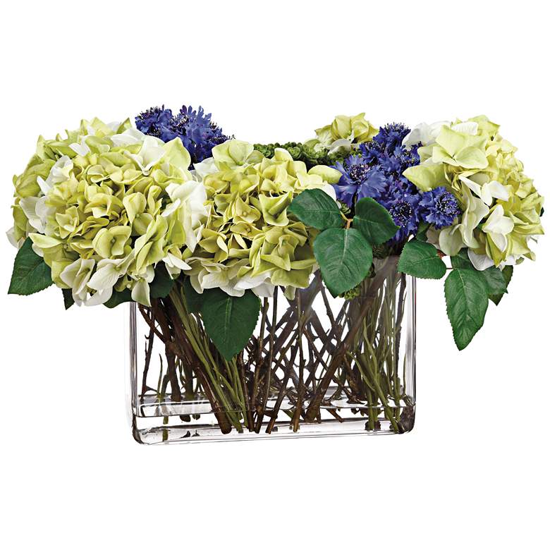 Image 1 Hydrangeas, Cornflower and Sedum 21 inch Wide Faux Flowers Vase