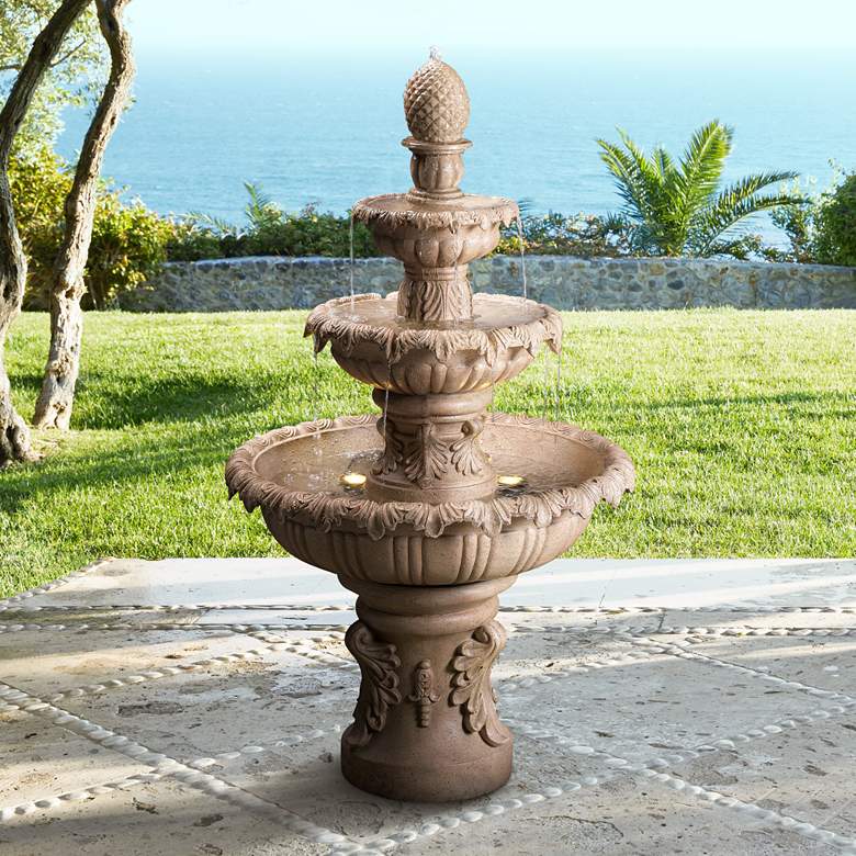 Ibiza 45&quot; High 3-Tiered Sandstone Garden Fountain with Light