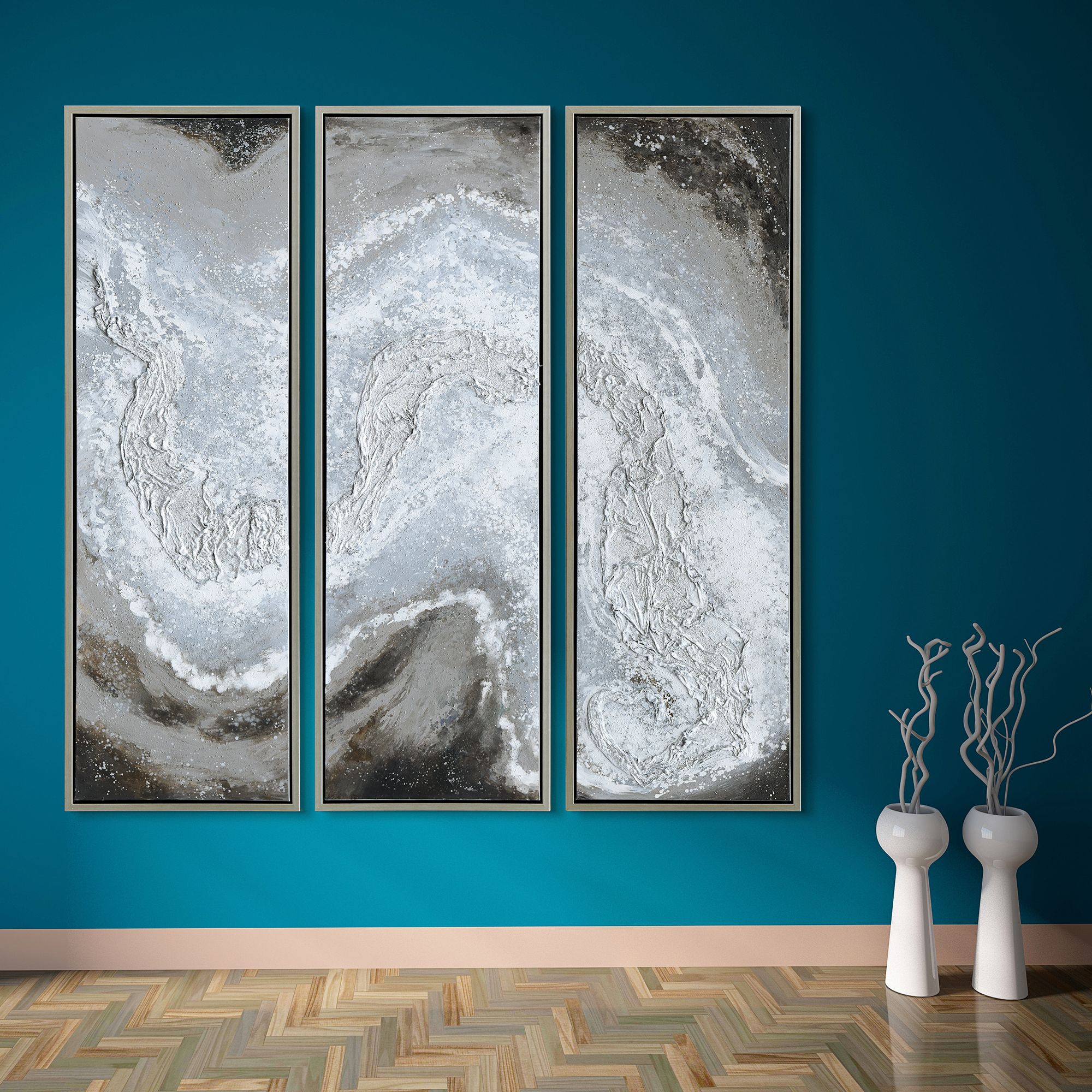 EXTRA LARGE WALL store art multi panel triptych 3 panel wall Silver Overtones on split canvas original painting abstract artwork 48 x 20