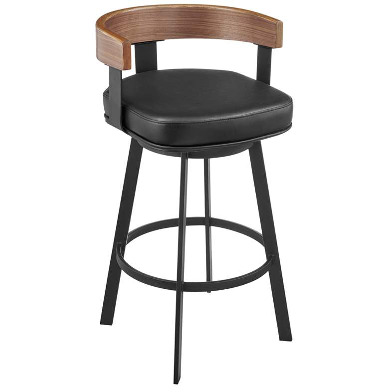 Image 1 Idris 26 in. Swivel Bar Stool in Iron, Walnut, Vintage Black Faux Leather