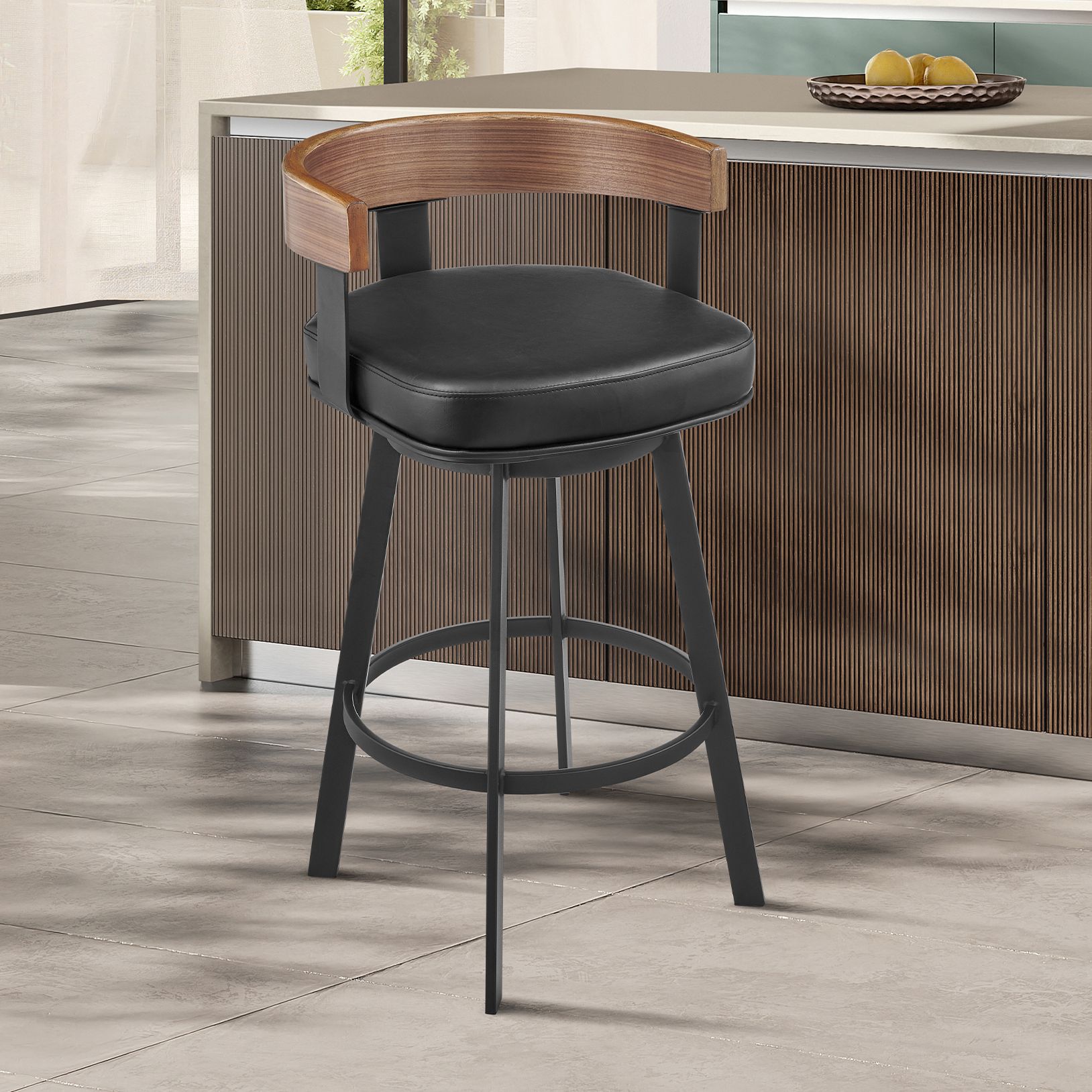 Thumbnail1 of Idris 26 in. Swivel Bar Stool in Iron, Walnut, Vintage Black Faux Leather