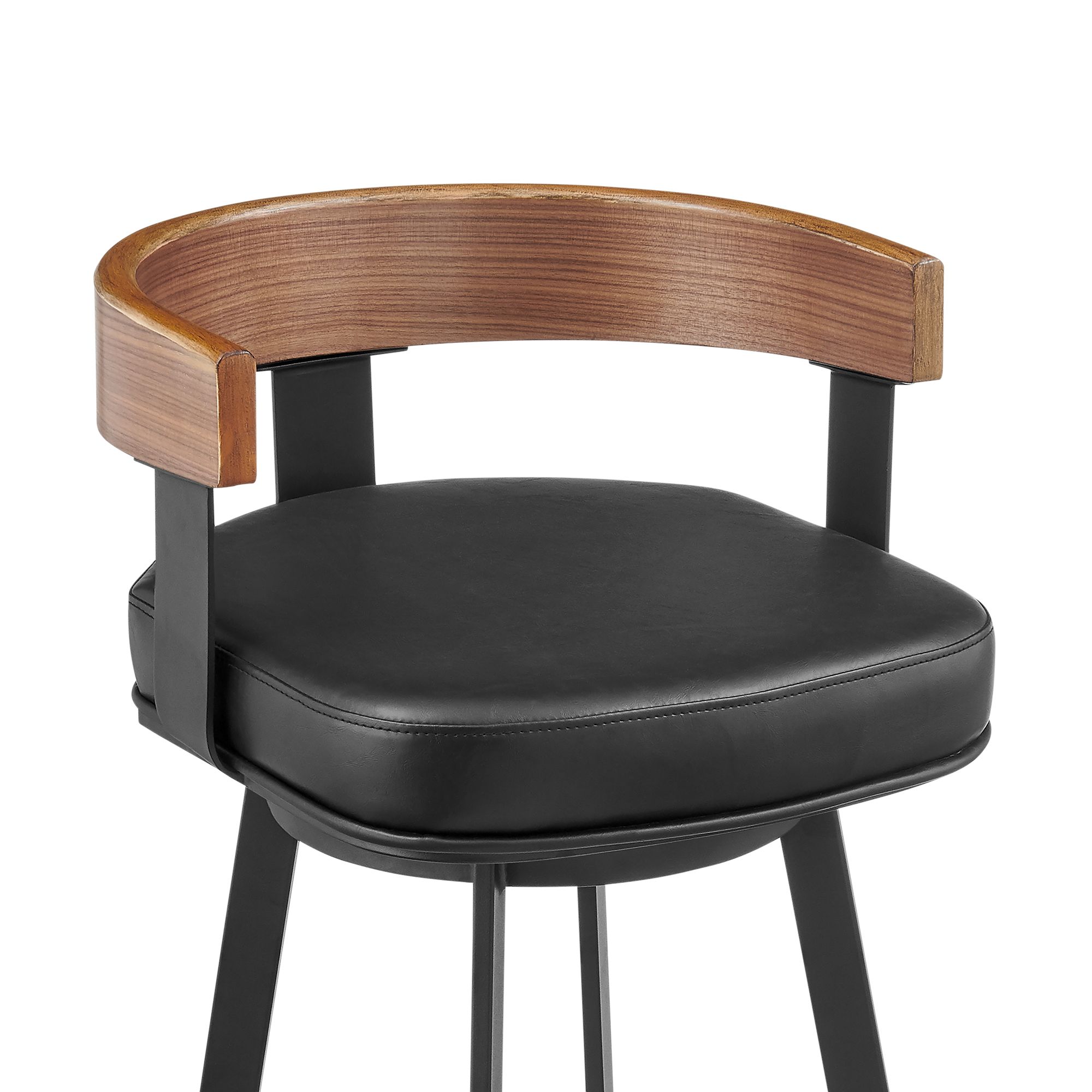Idris 26 in. Swivel Bar Stool in Iron, Walnut, Vintage Black Faux Leather