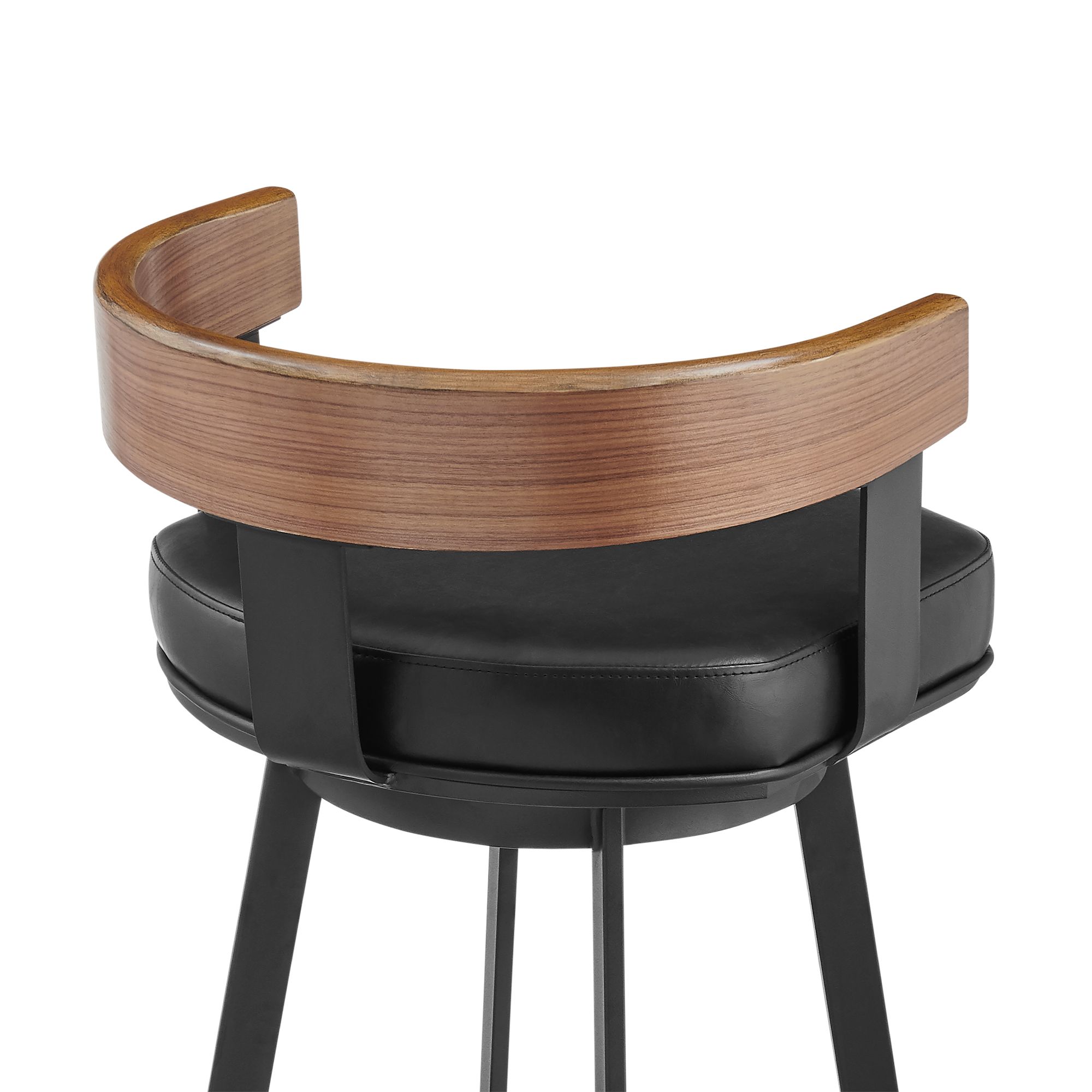 Idris 26 in. Swivel Bar Stool in Iron, Walnut, Vintage Black Faux Leather