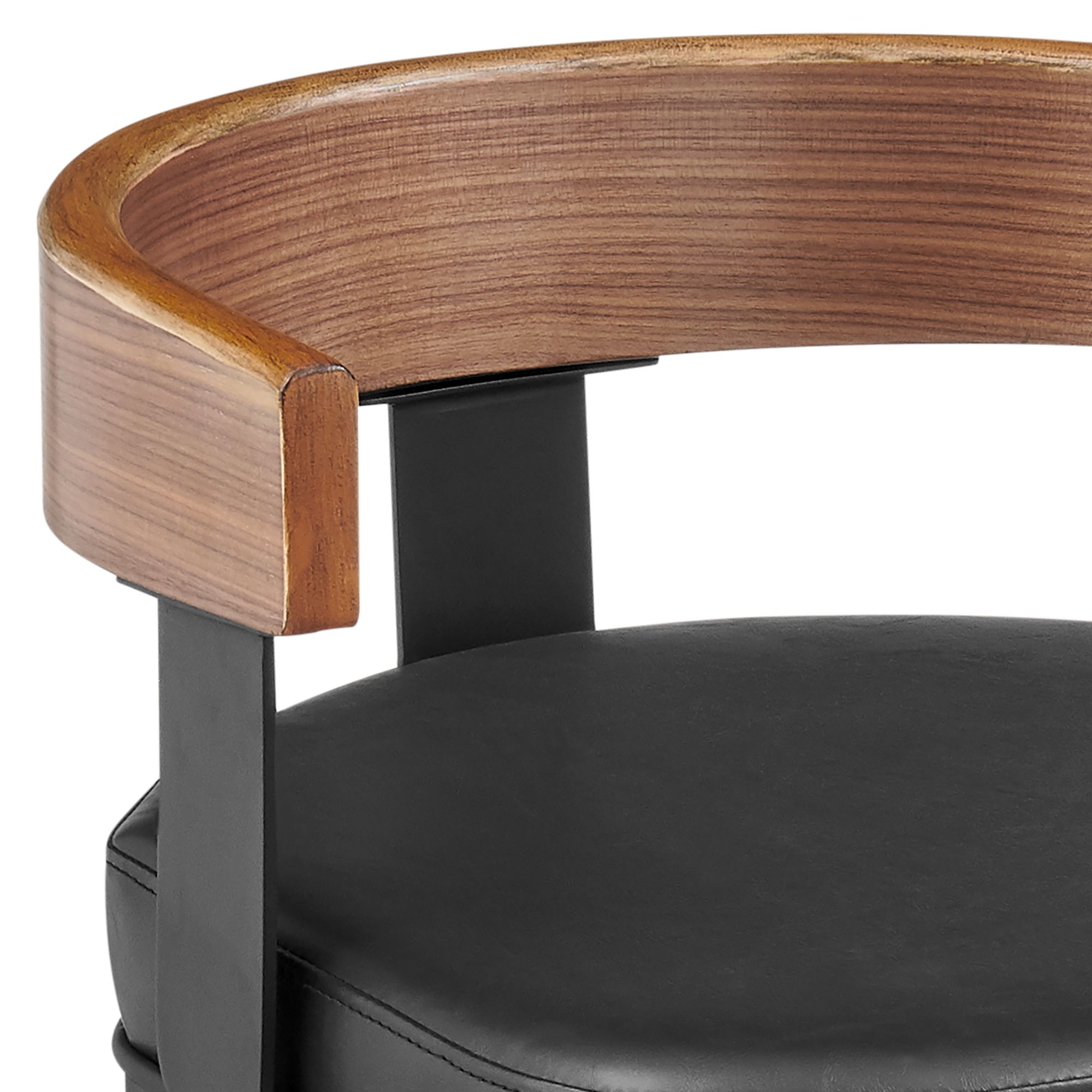 Idris 26 in. Swivel Bar Stool in Iron, Walnut, Vintage Black Faux Leather
