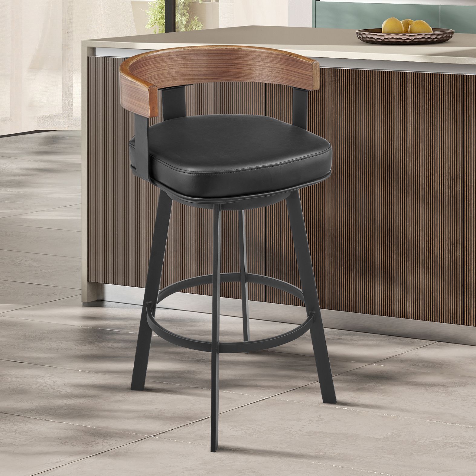 Idris 30 in. Swivel Bar Stool in Iron, Walnut, Vintage Black Faux ...