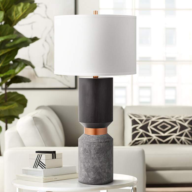 Image 1 Iggy Black Faux Wood and Faux Cement LED Table Lamp