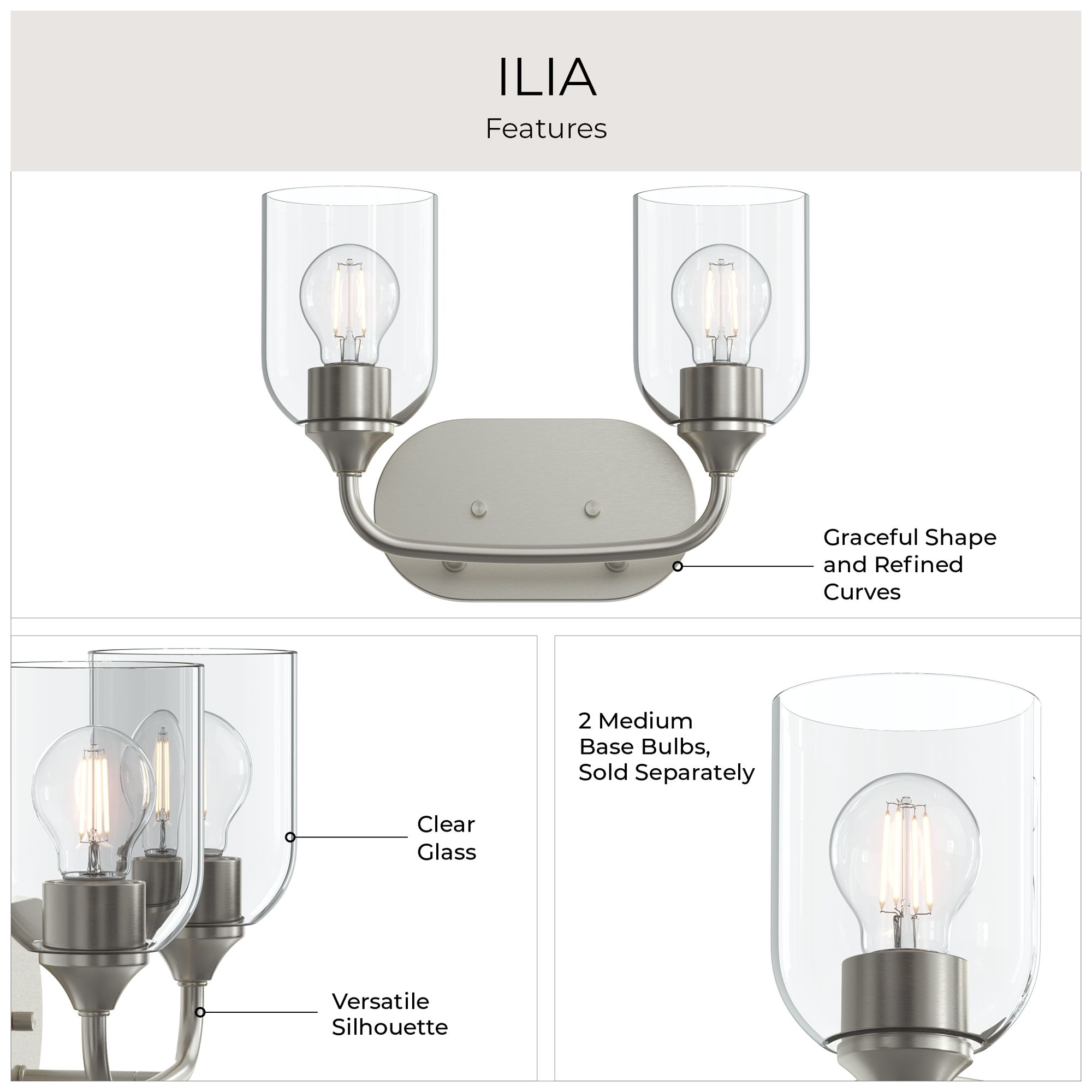 Ilia 2-Light Bath Vanity with Clear Glass Shade
