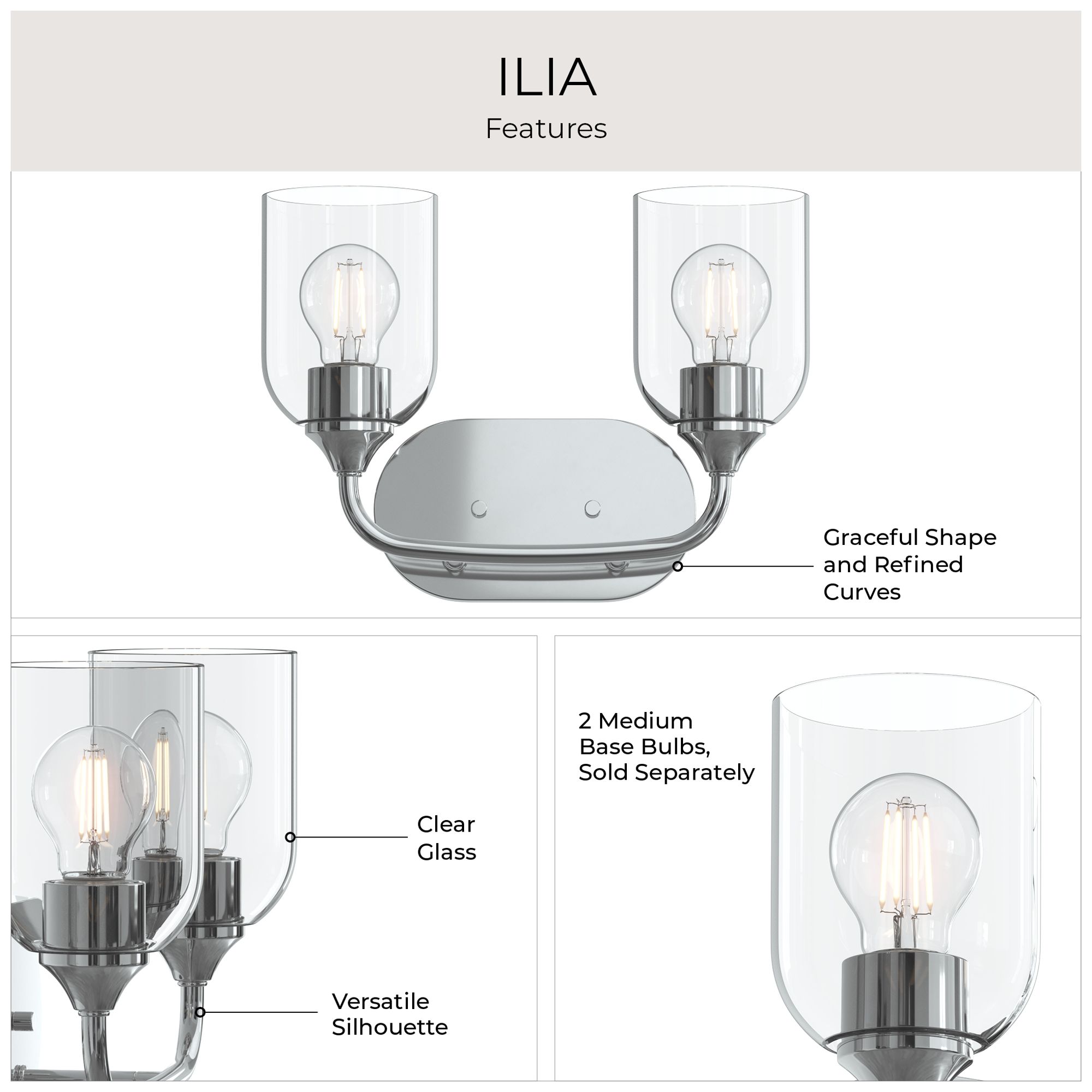 Ilia 2-Light Bath Vanity with Clear Glass Shade