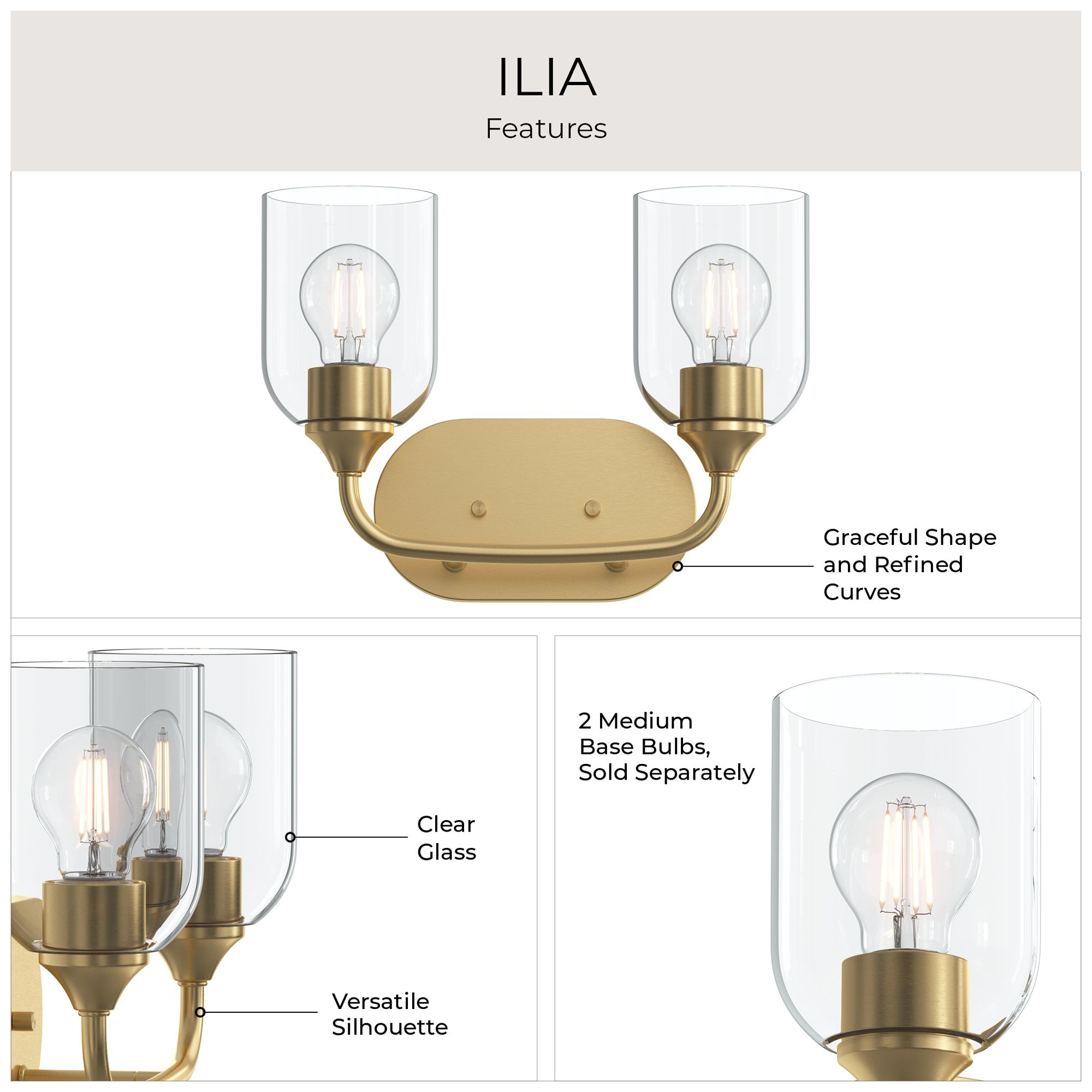 Ilia 2-Light Bath Vanity with Clear Glass Shade