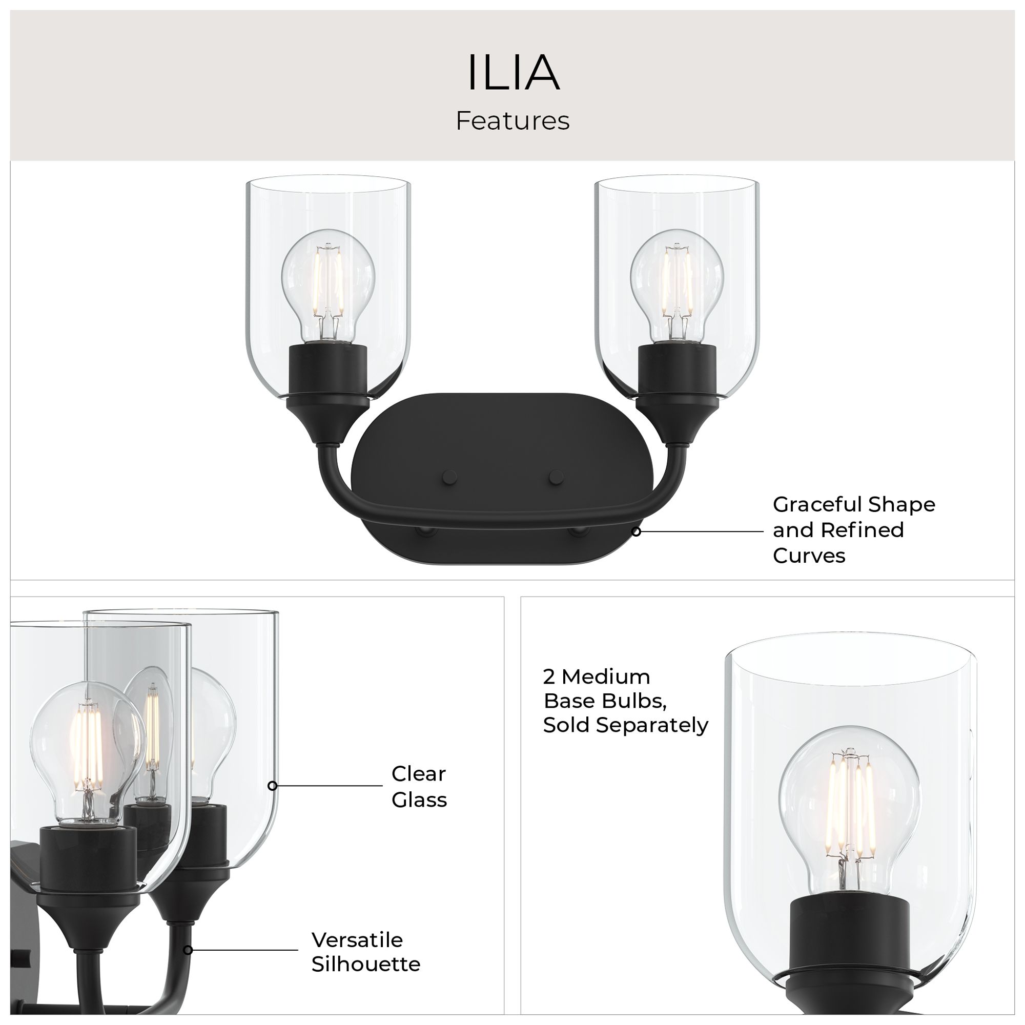 Ilia 2-Light Bath Vanity with Clear Glass Shade