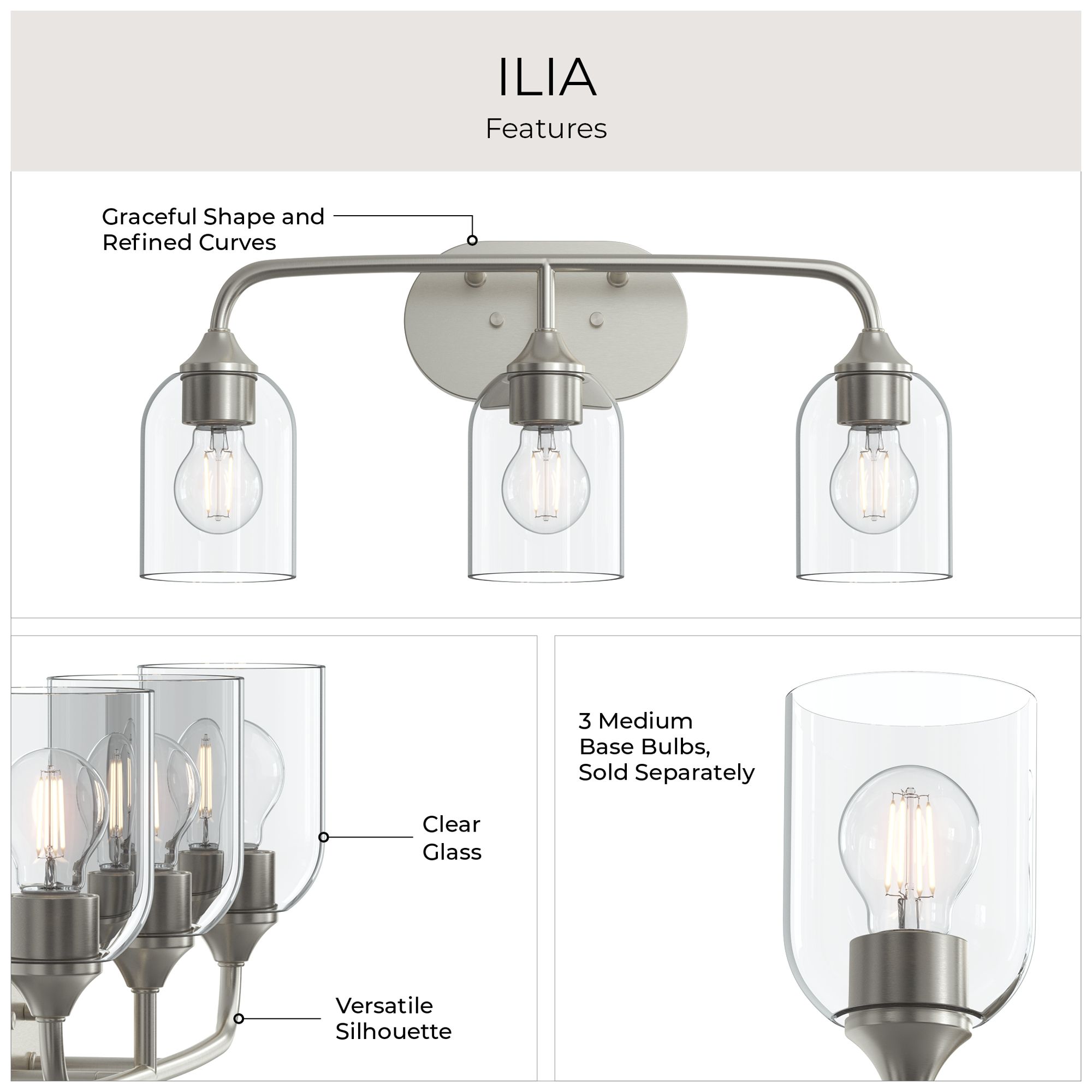 Ilia 3-Light Bath Vanity with Clear Glass Shade